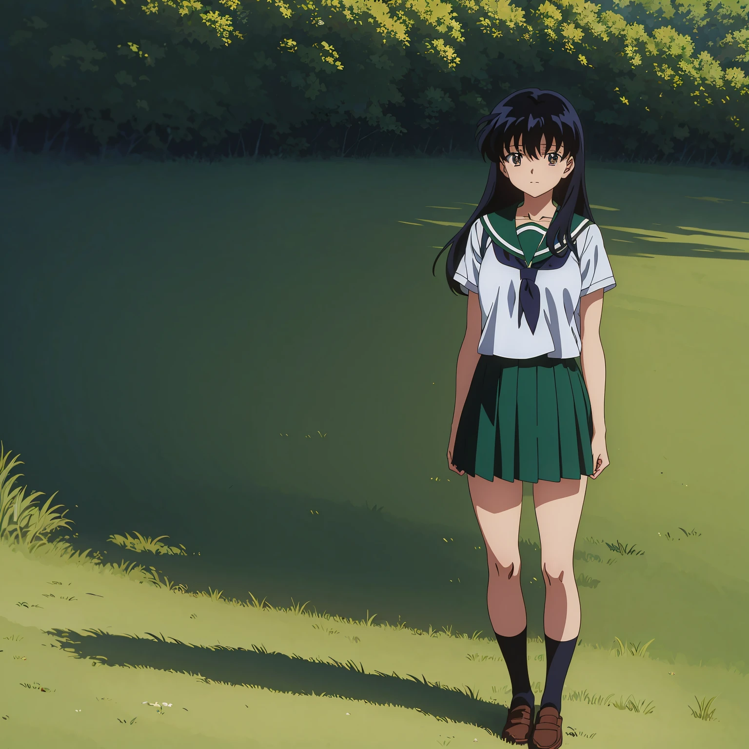 Best quality, masterpiece, ((anime)) ((colored)) HD, Kagome Higurashi, 1girl, school uniform, standing, full body, wallpaper, green SKIRT, long hair, black hair between eyes