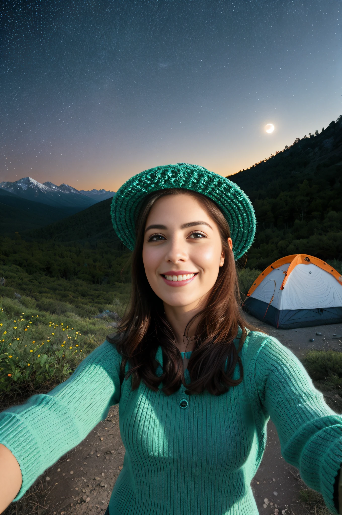 1 mujer ((selfie de la parte superior del cuerpo, feliz)), obra maestra, mejor calidad, ultra detallada, suelo, al aire libre, (noche), Mountains, naturaleza, (estrellas, luna) alegre, feliz, mochila, bolsa para dormir, estufa de camping, mountain boots, guantes, pullover, sombrero, linterna, bosque, piedras, Kali, madera, humo, sombras, contraste, cielo claro, estilo, (warm hue, warm hue)