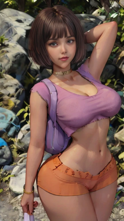 (masterpiece, best quality), happy, (absurdres), 1girl, brown eyes, (dark-skinned female), bob cut, black choker, (Wearing a pink cropped shirt)and orange shorts:1.3), (purple school backpack:1.1), (flat chest:1.2), (thick thighs), (wide hips),