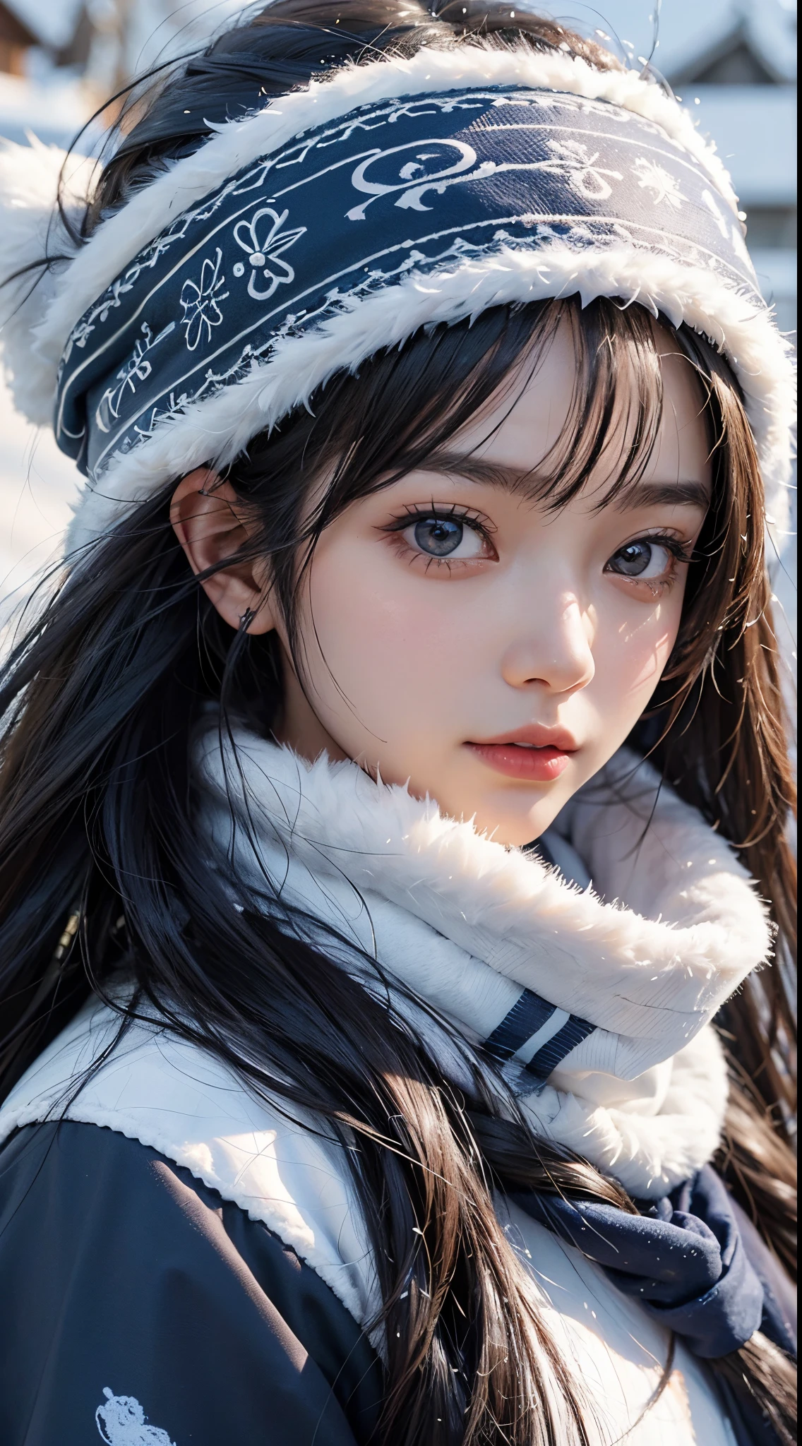 Ashipa-san、ainu girl、Kawaii Girl、A detailed face、Detailed eyes、Detailed skin、detailed hairs、super realistic picture quality、An ultra-high picture quality、8K、Hokkaido、snowscape、blue bandana、White fur、Black hair long straight hair、
