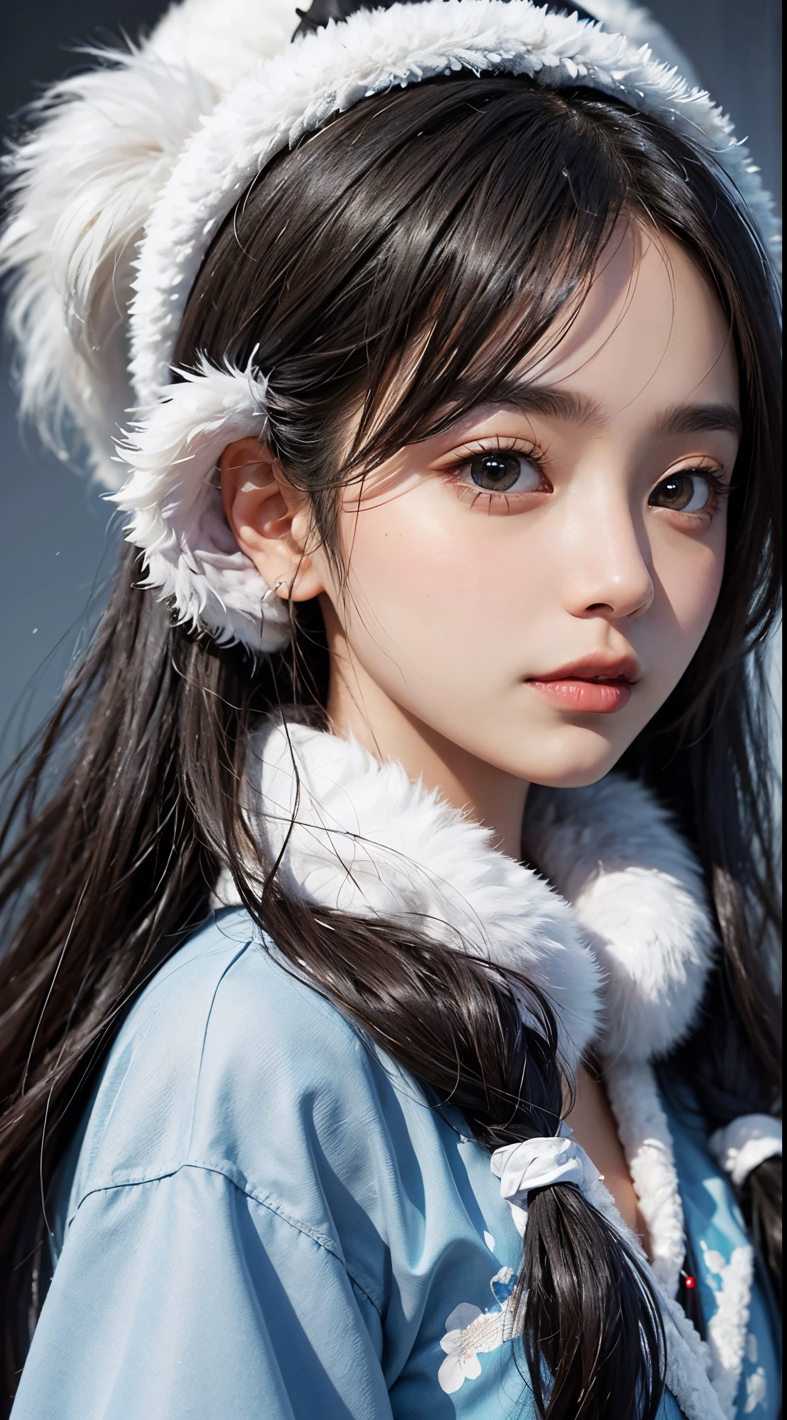 Ashipa-san、ainu girl、Kawaii Girl、A detailed face、Detailed eyes、Detailed skin、detailed hairs、super realistic picture quality、An ultra-high picture quality、8K、Hokkaido、snowscape、blue bandana、White fur、Black hair long straight hair、