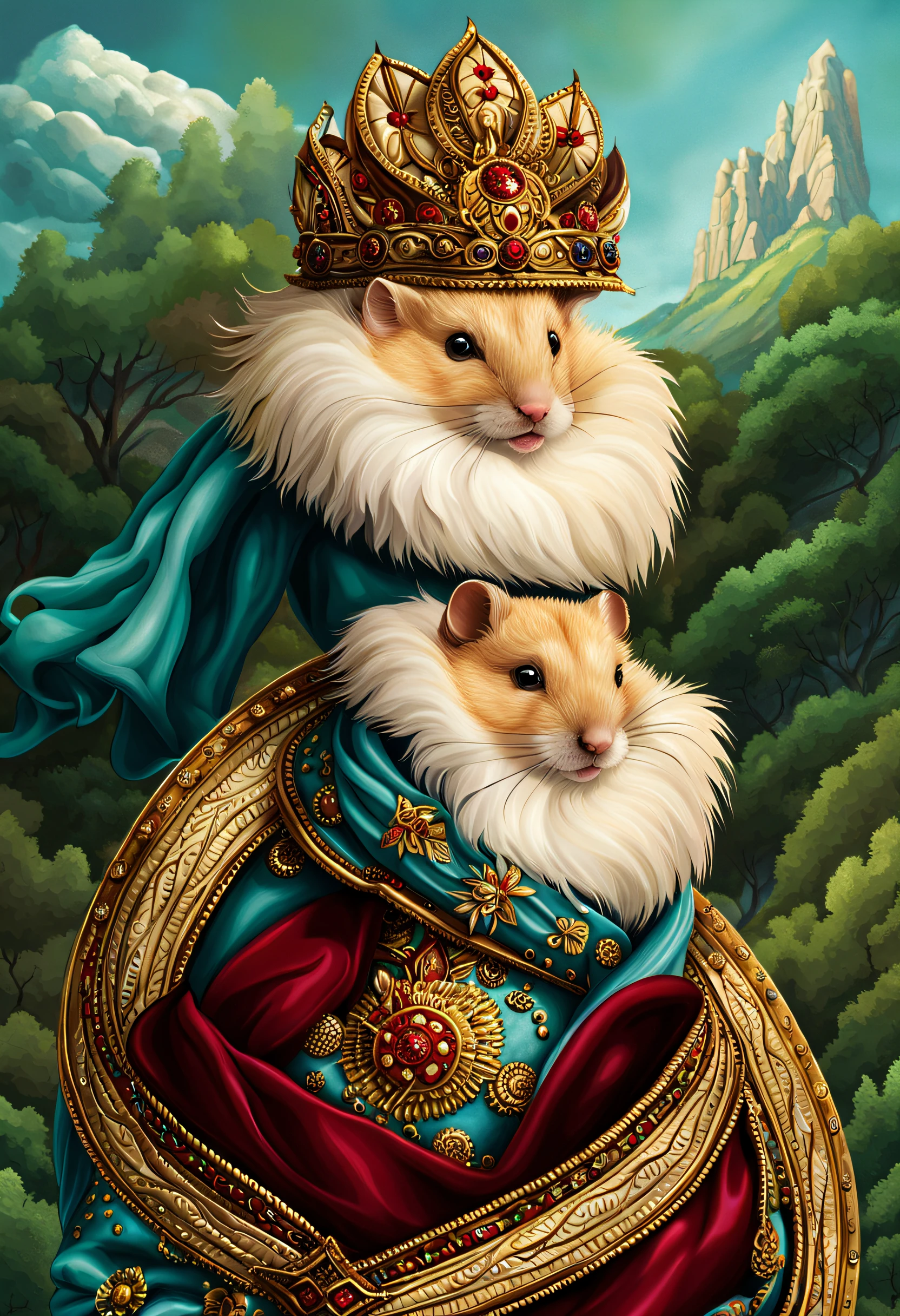 illustration of epic adventurer, hali々Imagine a hamster with, wearing the most elaborate and elaborate costumes, Staring at you with teary eyes, A dreamy room filled with pastel colors and intricately patterned backgrounds, Rendered at highest possible resolution, The perfect blend of realism and fantasy style, Every brushstroke is carefully and perfectly executed, Intricate and intricate details, Emphasis on precise and delicate brushstrokes, photorealistic detail, Highest Quality Masterpiece, Visually appealing and appealing images, Best possible quality, Everything in focus is sharp, extravagant wishes, The contour lines created give off an amazingly beautiful shine., breathtakingly complex and elaborate,