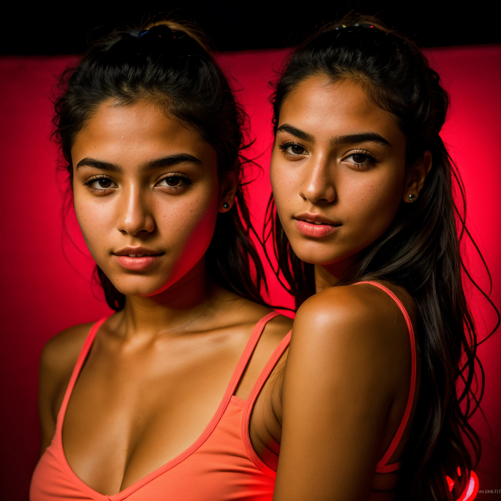 RAW photo, a portrait photo of 20 y.o brazilian woman in casual clothes, nigth, red led light(high detailed skin:1.2), 8k uhd, dslr, soft lighting, high quality, film grain, Fujifilm XT3, beach background