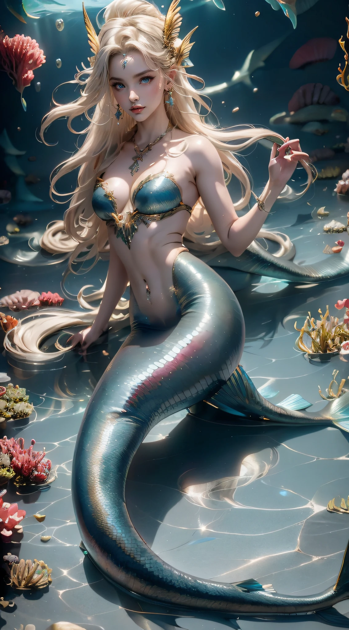 The large（The underwater world），sea monster，(tmasterpiece, Best quality at best: 1.4), mermaids:1.2，（slender fish tail:1.3），Gorgeous scales，Actual proportion，Long gray hair，Redlip，big chest and thin waist，Reflective skin，A detailed的the face，delicate skin，Meticulous hands，Hand strengthening，Extremity details，（True humans:1.7），high high quality，Anthropomorphic animals，Wonderful and magical，fairytale-like，mythological creatures，abdominals tattoo，Dim background，ultraclear，8K