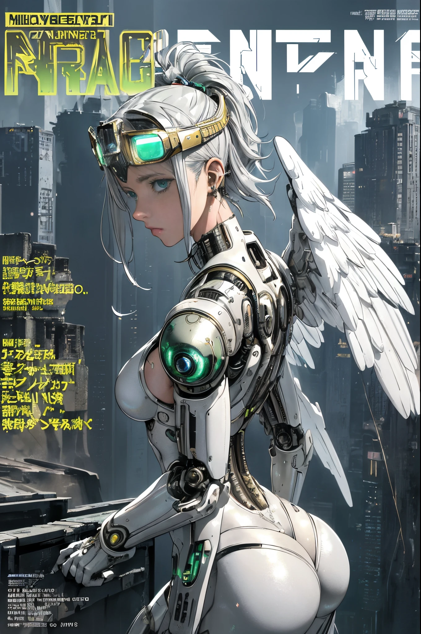 masterpiece, (best quality), (ultra-detailed), (ultra-realistic:1.2), landscape, sci-fi, transistorpunk, cyberpunk, biopunk, (magazine cover:1.4), (gray, white), female huge robot, visor, earring, mechanical angel wings on the back, angel wings, future town, dynamic pose, dynamic angle, small breasts, luxury, (gold, silver, green), neon