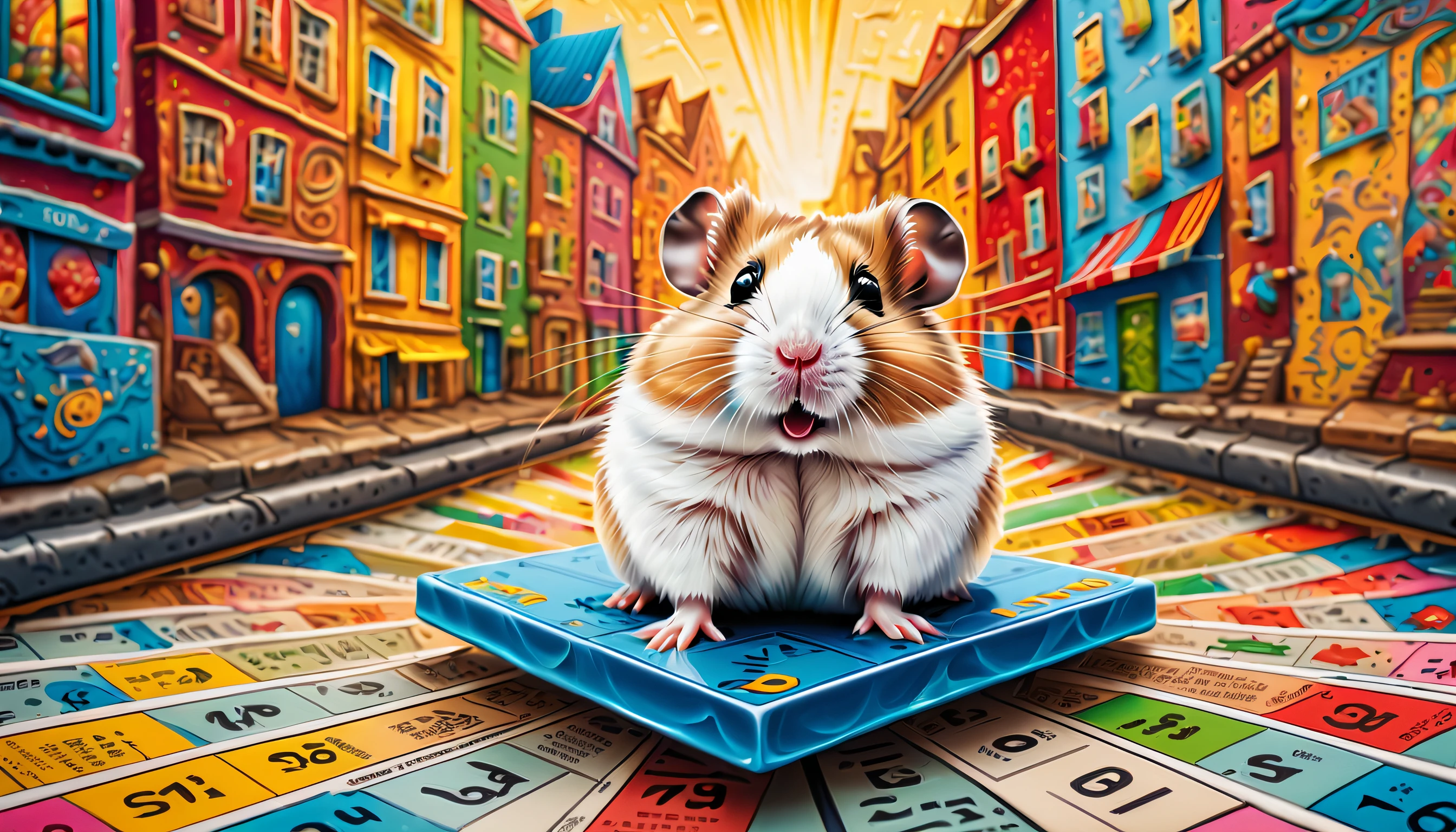 One cute hamster exploring a vibrant Monopoly board, Colorful buildings and cheerful characters. Rendered at highest possible resolution, The perfect blend of realism fantasy dream style, Every brushstroke is carefully and perfectly executed, Intricate and intricate details, Emphasis on precise and delicate brushstrokes, Highest Quality Masterpiece, Visually appealing and appealing images, Best possible quality, Everything in focus is sharp, extravagant wishes, The contour lines created give off an amazingly beautiful shine., breathtakingly complex and elaborate, Gives off a sweet and adorable atmosphere, tarot card painting background, Strokes are bold and intense, dynamic brushstrokes, The brushstrokes are delicate and precise, Breathtaking detail and brilliance, A combination of oil painting and gel ink techniques, Even the smallest details are carefully made, Top quality and ultimate resolution, A combination of oil painting and gel ink techniques, The contour lines created give off an amazingly beautiful shine., breathtakingly complex and elaborate, Exquisite high-definition drawings, Ultimate quality hamster illustration, (Intricate insane detail texture:1.3), (Drawing with precise and insane details:1.3), (Paintings with intricate insane details:1.3), (Complex insane detail coloring:1.3), (precise detail painting:1.3), (true masterpiece:1.3),