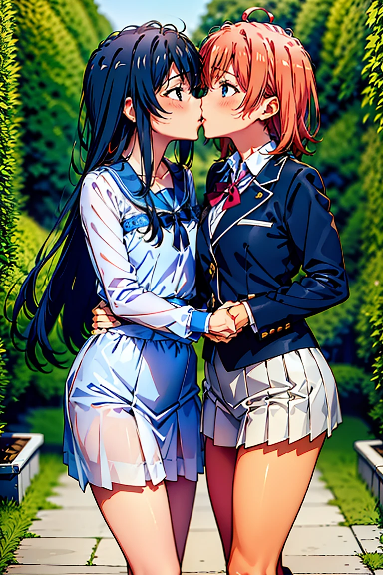 (best quality,4k,8k,highres,masterpiece:1.2),ultra-detailed,),yukinoshita yukino and yuigahama yui sharing an intimate kiss in a beautiful garden scene,with vibrant colors and soft lighting. The two girls are dressed in stylish school uniforms, their eyes filled with longing and affection. Yukino's lips press gently against Yui's, creating a tender moment frozen in time. The garden is filled with blooming flowers, adding a romantic atmosphere to the scene. The girls' hair flows gracefully in the gentle breeze, their features delicately rendered with intricate details. The artwork is reminiscent of a high-quality illustration, combining realism and artistry to create a stunning portrayal of love and intimacy.