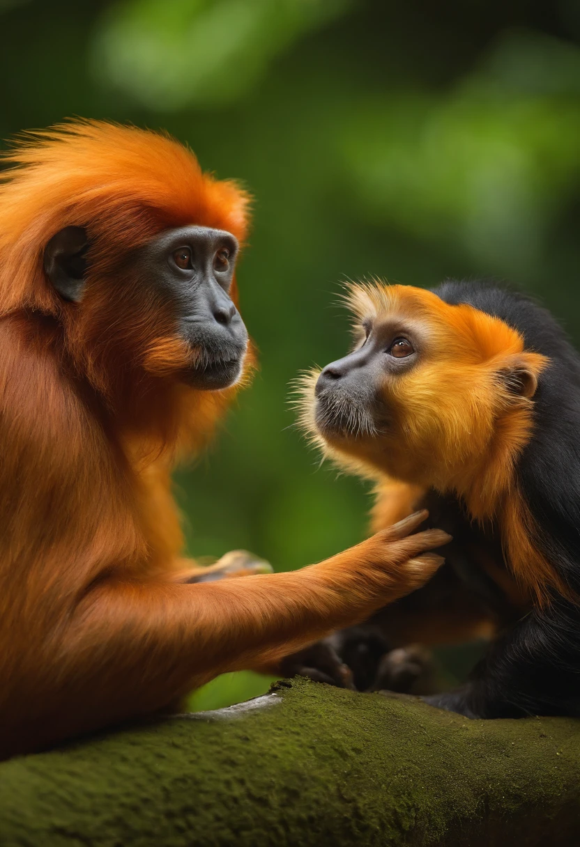 Explore an unusual and enchanting scene: a Hydrochoerus hydrochaeris relaxing serenely while a golden lion tamarin is from the family Callitrichidae and genus Leontopithecus sits on its back, calmly removing ticks and enjoying a snack. Convey the animals' happiness and contentment in this unusual scene, highlighting the details of their expressions and the natural scenery around them. A scene that mixes curiosity, harmony and humor in the interaction between these animals in a captivating way."