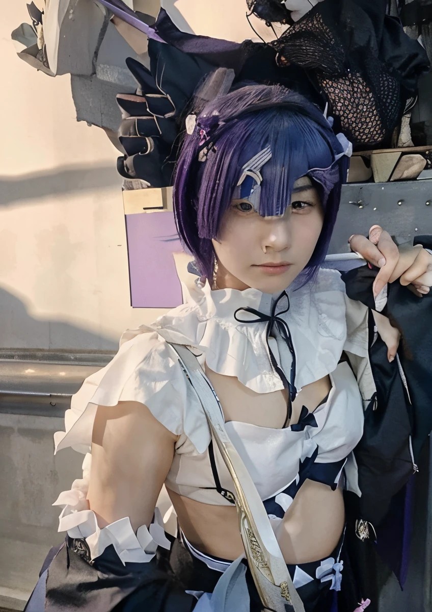 1boy, Sasuke, a man with a sword in his hand, purple skirt, wearing SSK_outfit, posing for a picture,