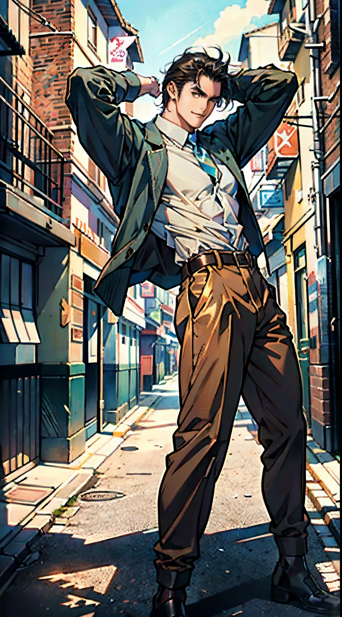 A young man, long black hair, a cheerful smile, thick and arched eyebrows, squinted eyes, brown skin, a sturdy physique, an open plain brown vest, revealing his muscular body, his right hand rests on the back of his head, a loose utility pants, the background depicts a lively fantasy-style street, this character embodies a finely crafted fantasy-style worker in anime style, exquisite and mature manga art style, high definition, best quality, highres, ultra-detailed, ultra-fine painting, extremely delicate, professional, anatomically correct, symmetrical face, extremely detailed eyes and face, high quality eyes, creativity, RAW photo, UHD, 8k, Natural light, cinematic lighting, masterpiece-anatomy-perfect, masterpiece:1.5