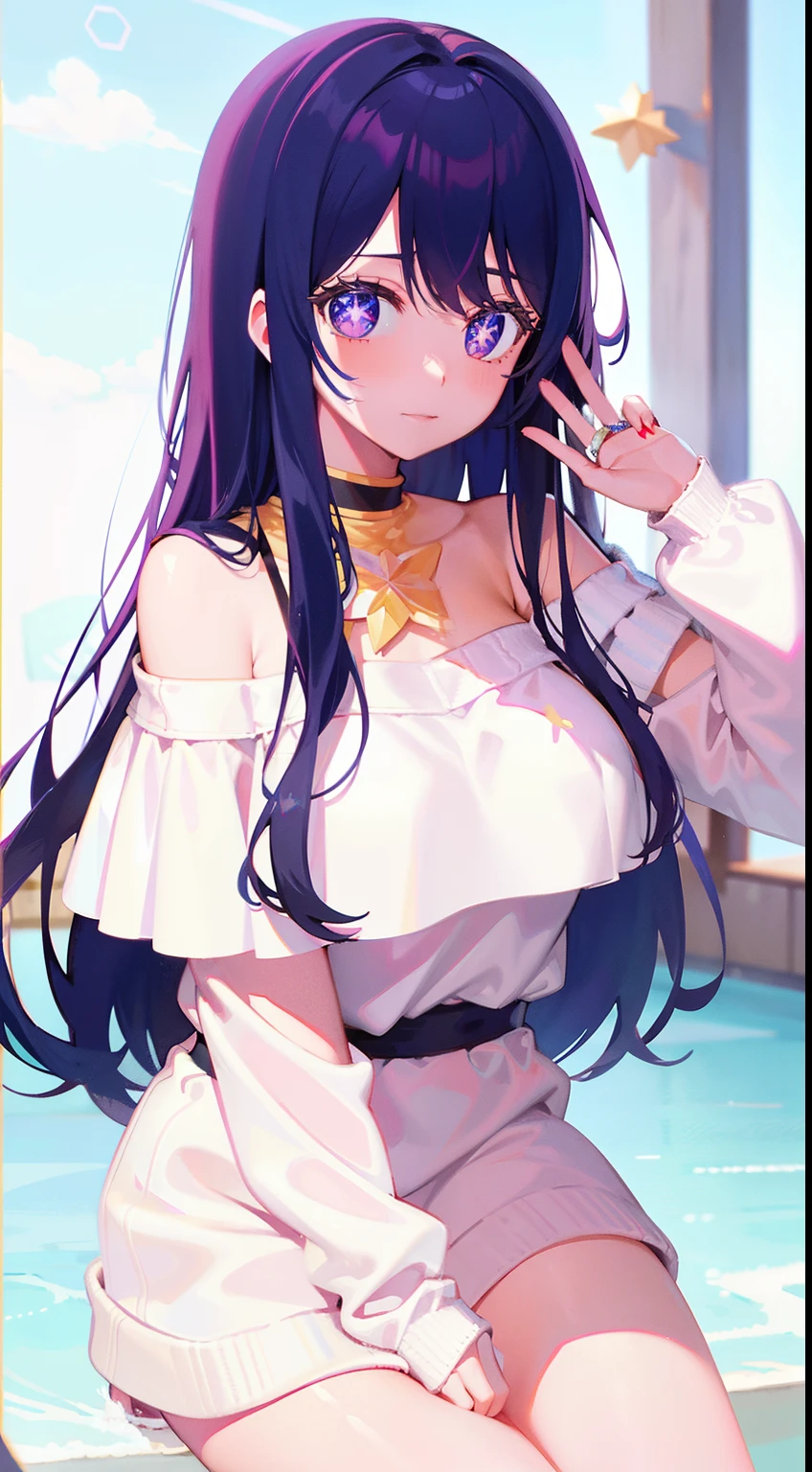 Ai Hoshino, star shaped pupil, strapless off shoulder sweater