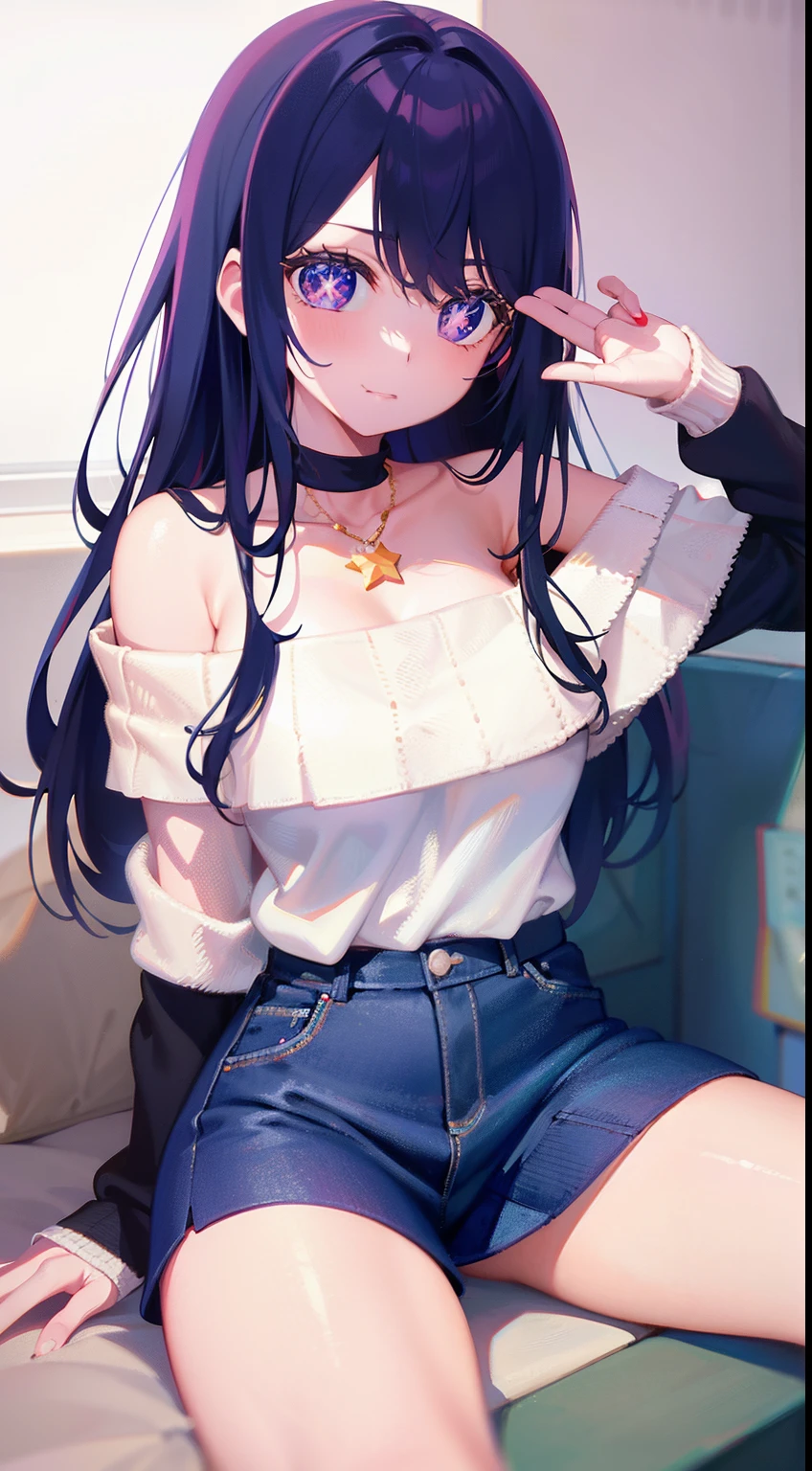 Ai Hoshino, star shaped pupil, strapless off shoulder sweater