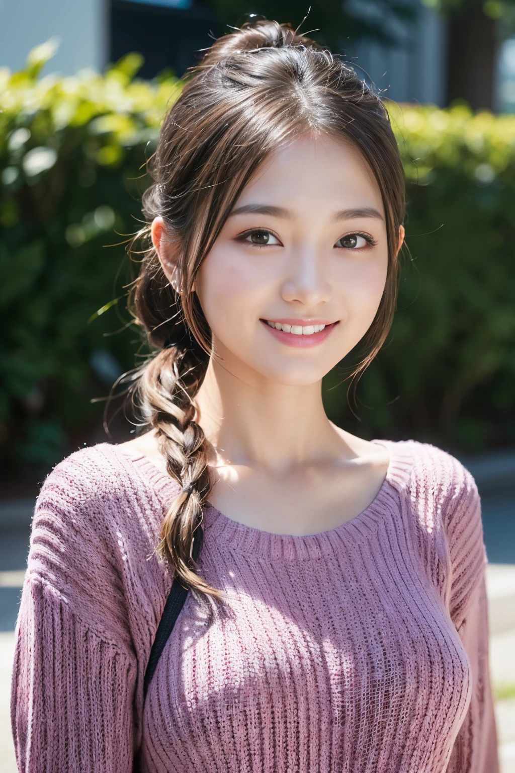 (8K,Raw photo、Raw photo、top-quality、Master masterpiece:1.2)、ultra-detailliert、Super Resolution、(Photorealsitic:1.3)、Angle to shoot from the front、Clearly draw shades of light、high resolution RAW color photos、professional photograpy、Same skin type as humans、Female proofreading of Japan from head to waist、Blur the background、Draws faithfully to anatomy、Very detailed and beautiful、Ultra-high image quality、long、bangss、Hair swaying and sexy、Very detailed beautiful girl、（Pink Eye Shadow）、knit、Sweaters、The upper part of the body、A big smile、Ponytail hair