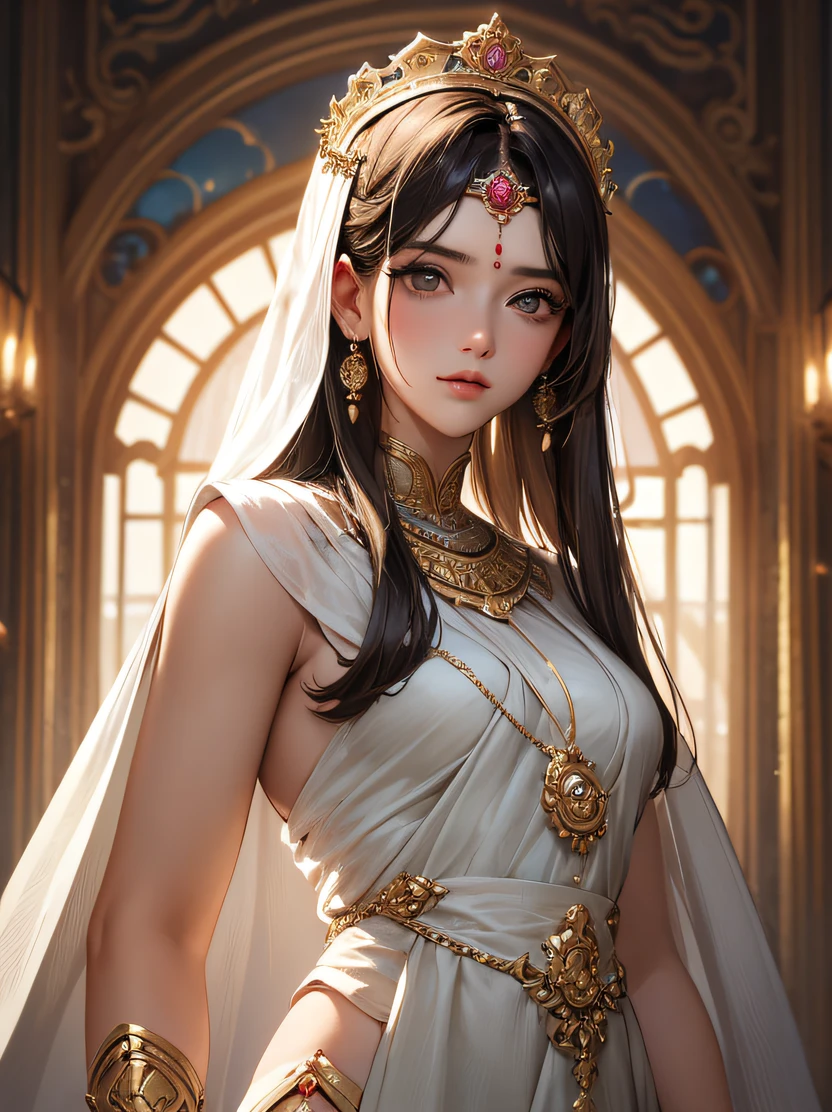 ((masterpiece、top-quality、realisitic、ultra-detailliert、hight resolution、Photorealsitic、foco nítido、lighting like a movie))、Stunning portrait of a beautiful woman、face lights、High brightness、Frontal lighting、cowboy shot、(Complex and beautiful facial features、Brown skin、Attractive body)、Modern Indian Goddess、(Transparent Red Sari)、Dynamic Pose、diadems、rich colours、Goddess of Heaven、Look at viewers、Accurate hand depiction