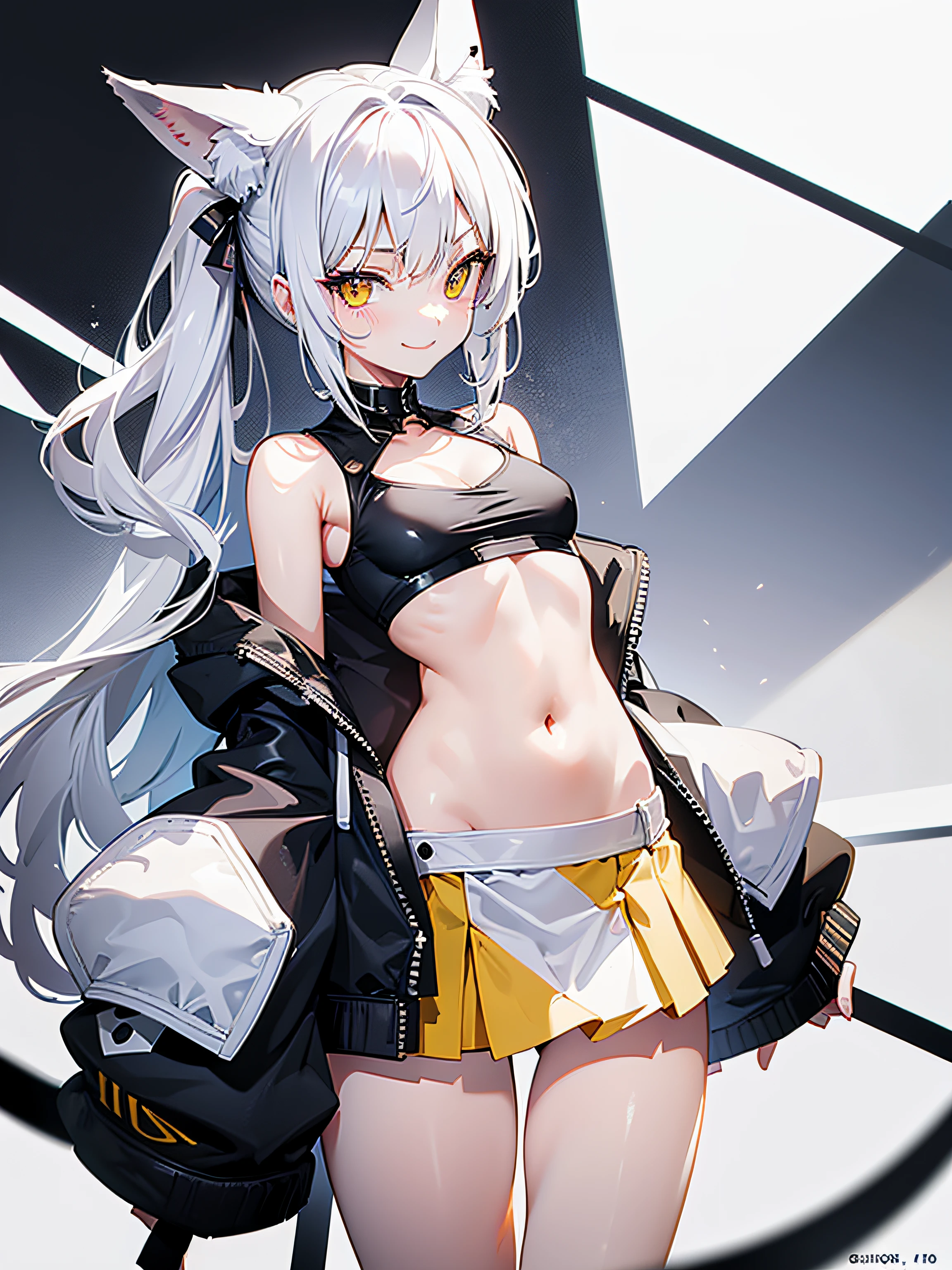 (masterpiece), best quality, expressive eyes, perfect face, white hair, yellow eyes, slit pupils, fox ears, mini skirt, midriff peek, tanktop, jacket, side ponytail, smile, , small breasts, , bare shoulders, navel, thigh gap, arms behind back, toned, sexy, cleavage, arms behind back, high quality, nsfw, seductive smile,