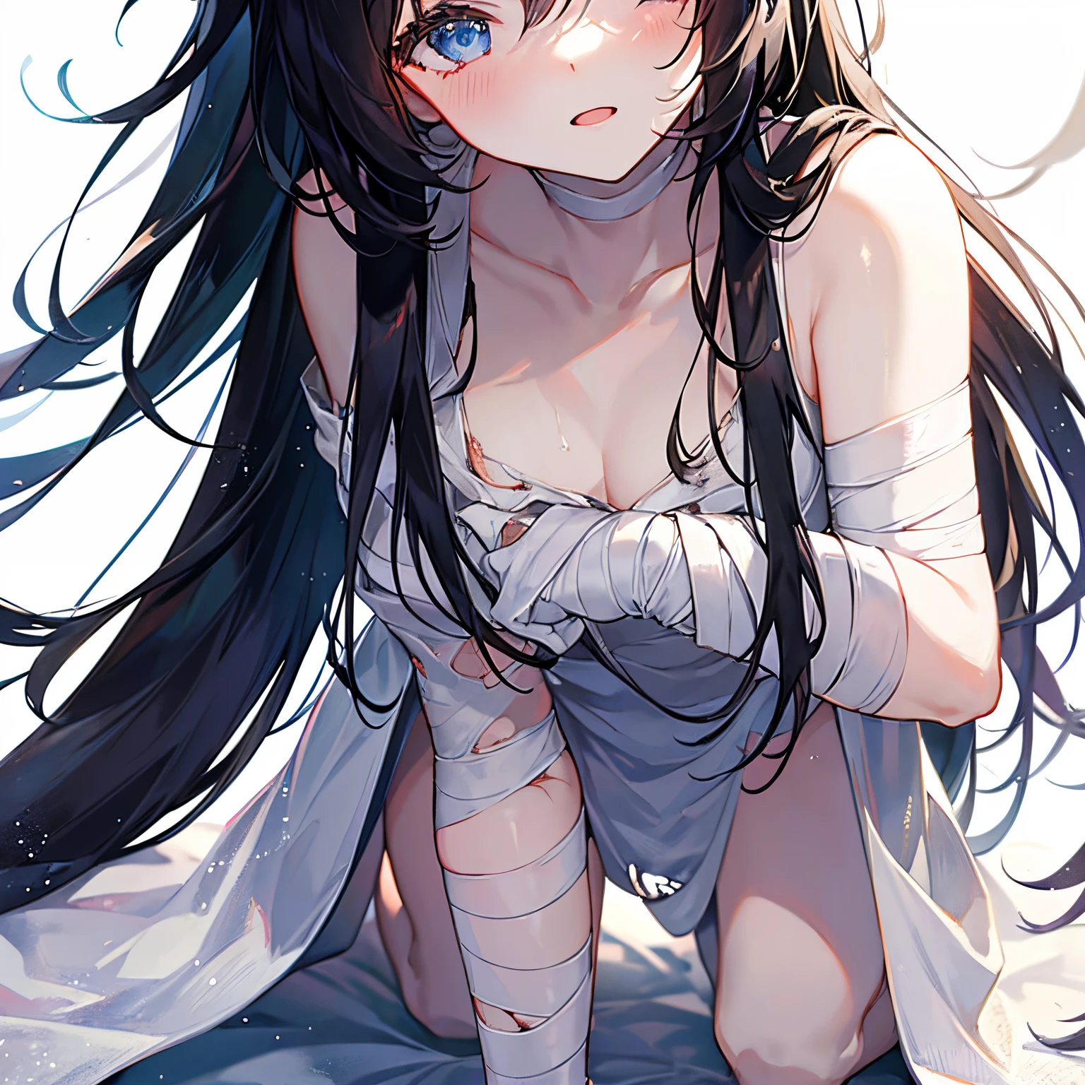 1 girl in, no smile, sparkling navy blue eyes, (black hair) , small stature, small breasts, loli, (masutepiece:1.2, Best Quality), (finely detailed beautiful eye: 1.2), (beautifull detailed face), High contrast, (Best Illumination, extremely delicate and beautiful), ((Cinematic Light)), Dramatic light, (Pale white background:1.5), bandaged_leg, bandages, bandaged_arm,  bandaged_neck, long_hair, collarbone, bandaged_head, collarbone, put lost of bandages on head, lots of bandages, bandage on the wound, sheis whole body was wrapped up in bandage,worn out clothes, bound with chains, worn out tank top, ((wearing worn-out torn cotton tanktop)),