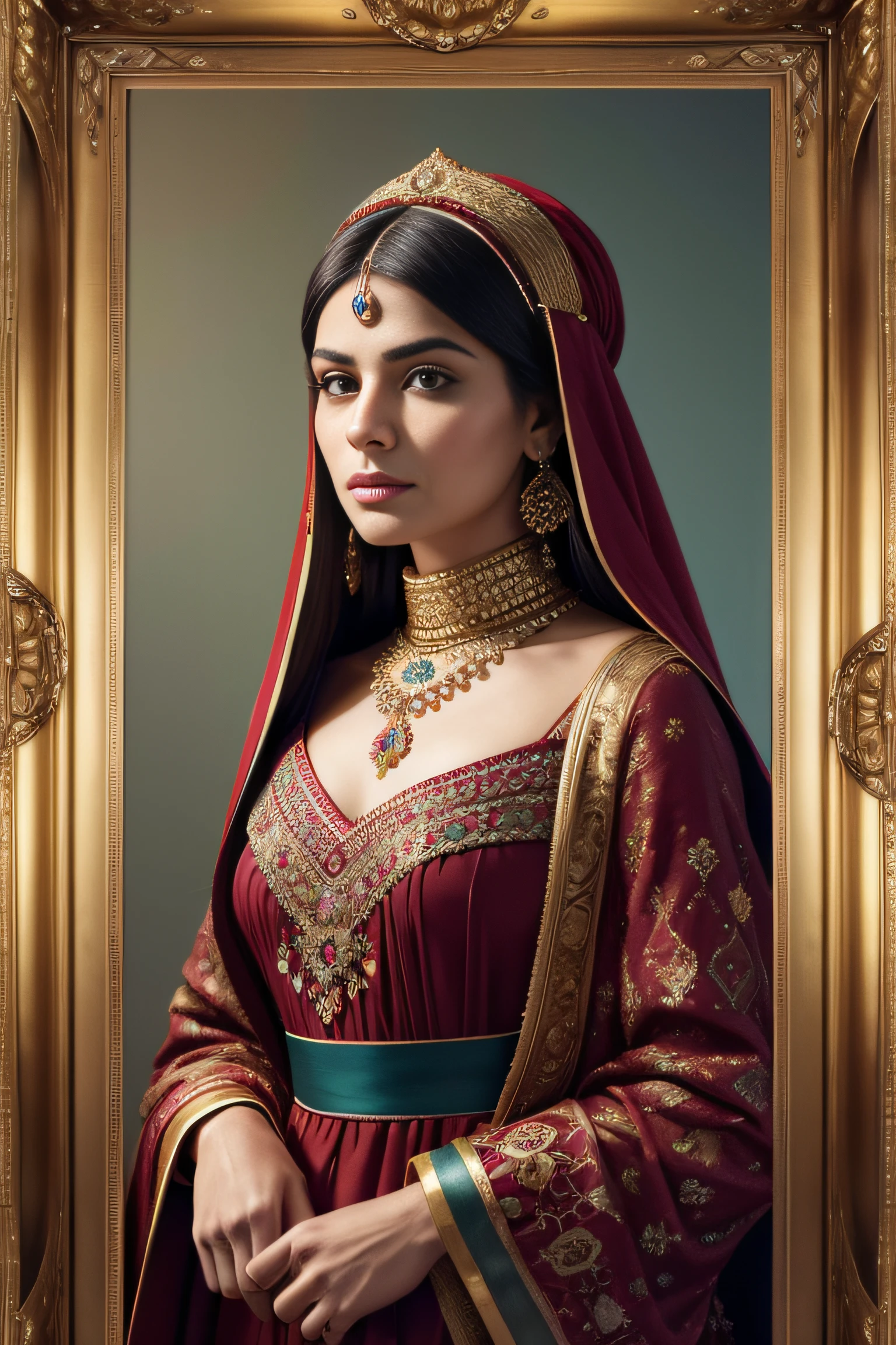 Persian Qajar period woman , in traditional red & yellow clothes , background contains painting of nightingale among rose and peony flowers, floral frame , ((perfect rectangular frame)) ,Qajar era Colorful costumes, Fleece collar, Padded collar,High-end Persian Traditional clothing,Qajar costume design,Warm clothing,gown clothing,floral garment,Rounded face shape,Gorgeous Persian costumes,Persian old necklace,Persian headdress,Colored headband,cinematic pastel lighting,8k wallpaper,Solidarity,art stations,High resolution CG