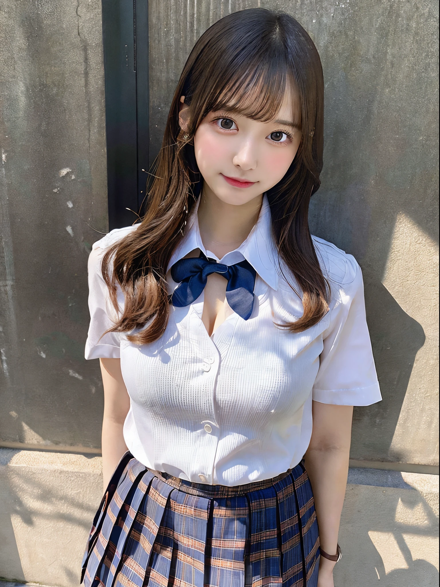 masutepiece, Best Quality, Illustration, Ultra-detailed, finely detail, hight resolution, 8K Wallpaper, Perfect dynamic composition, Beautiful detailed eyes, Natural Lip, School uniform, Big breasts, cleavage, Full body, navel-baring