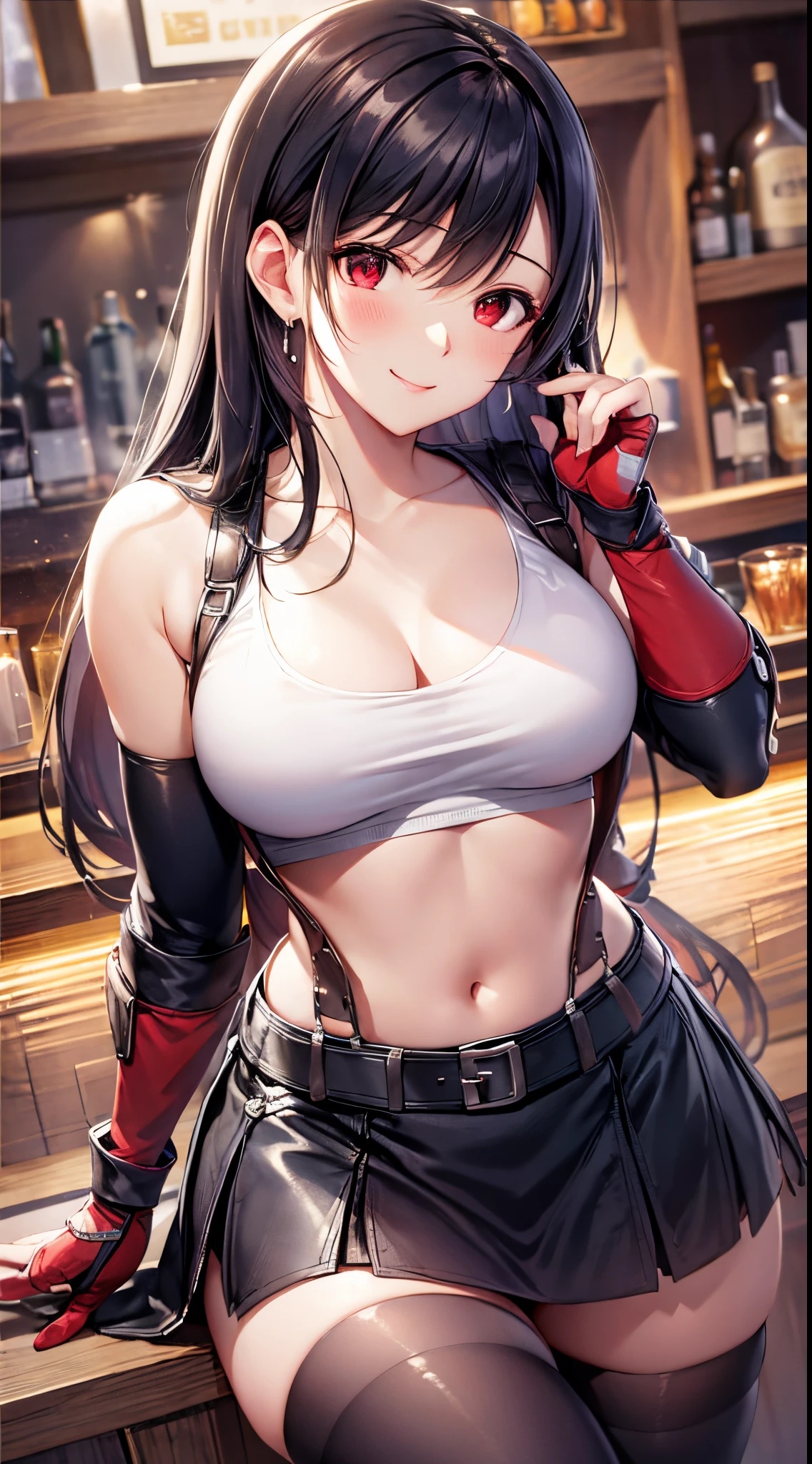 best quality, ultra-detailed, high resolution, extremely detailed CG, unity 8k wallpaper, super detailed skin, detailed, dynamic lighting, beautiful detailed eyes, tifa ff7, 1girl, solo, looking at viewer, blush, seductive smile, white tank top, black skirt, suspender skirt, midriff, black thighhighs, red gloves, bra, zettai ryouiki, head tilt, bar counter, showing panties, dynamic angle, dynamic pose, red eyes, smile, fighting stance,