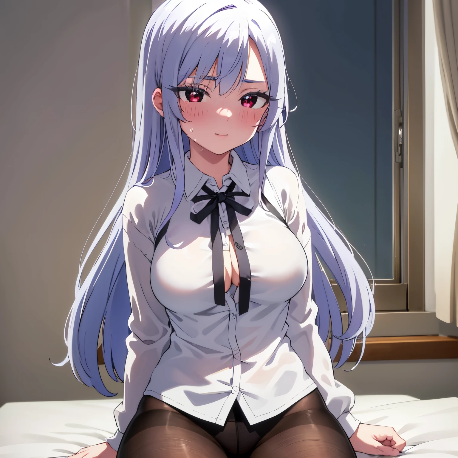 1girl, alone, nano eiai, red eyes, blue-white hair, long hair, collared shirt, long sleeves, sleeves folded around the elbows, white shirt, transparent shirt, unbuttoned shirt, underwear, black bra, black thong, pantyhose black, transparent pantyhose, sweaty, embarrassed, makeup, smiling, seductive, big breasts, medium waist, medium hips, wide thighs, room, bedroom, window, good lighting, open window, night, bed, sitting on bed, legs open , wind, levitated hair, 1 girl, (Masterpiece), (high resolution), (8k), (extremely detailed), (4k), (Pixiv), Perfect face, Beautiful eyes and face, (Best quality) , (super detailed), Detailed face and eyes, (Only), textured skin, Absurd, high resolution