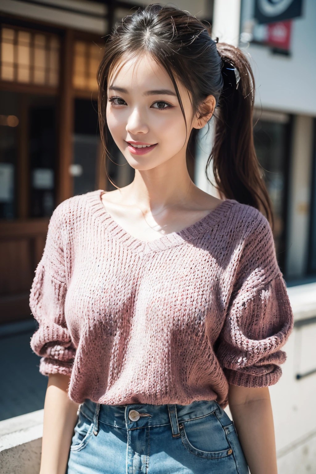 (8K,Raw photo、Raw photo、top-quality、Master masterpiece:1.2)、ultra-detailliert、Super Resolution、(Photorealsitic:1.3)、Angle to shoot from the front、Clearly draw shades of light、high resolution RAW color photos、professional photograpy、Same skin type as humans、Female proofreading of Japan from head to waist、Blur the background、Draws faithfully to anatomy、Very detailed and beautiful、Ultra-high image quality、long、bangss、Hair swaying and sexy、Very detailed beautiful girl、(Pink Eye Shadow)、knit、Sweaters、The upper part of the body、A big smile、Ponytail hair