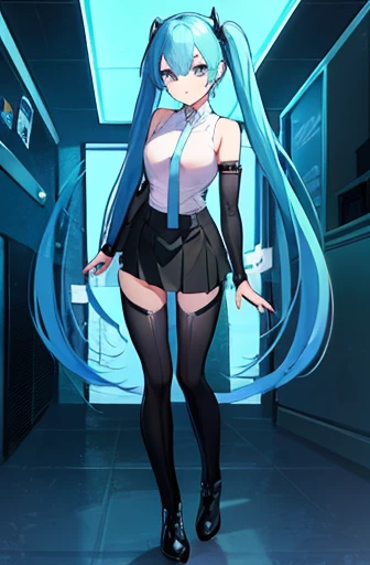 Black skirt,Light blue tie,Full body,Twin-tailed,lightblue hair,length hair