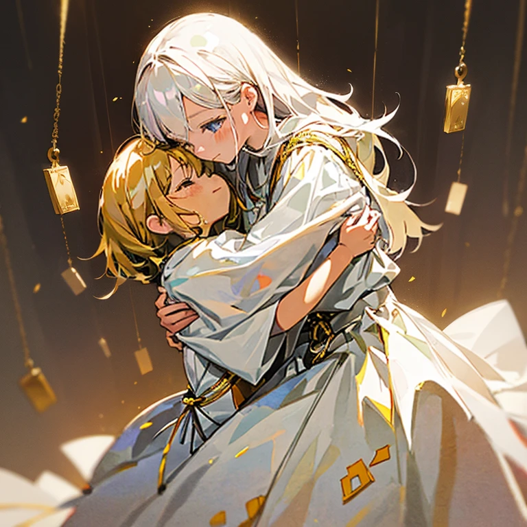 top-quality　A woman wearing a white dress and gold ornaments is crying、Hug a 10-year-old girl wearing gray clothes.　Retro
