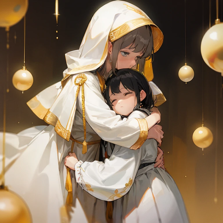 top-quality A woman wearing a white dress and gold ornaments is crying、Hug a -yeld giwearing gray clothes. Retro