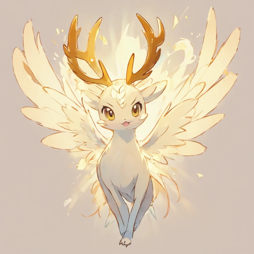 Horizontal antlers,The broken breath emits a warm and bright light between the antlers, except for a pair of wings on the back.,layers of broken feathers,There are wings underneath,It's a tentacle covered with white scales,They also omit feathers scattered at the ends,It seems that the weird and beautiful monster has not grown up yet
