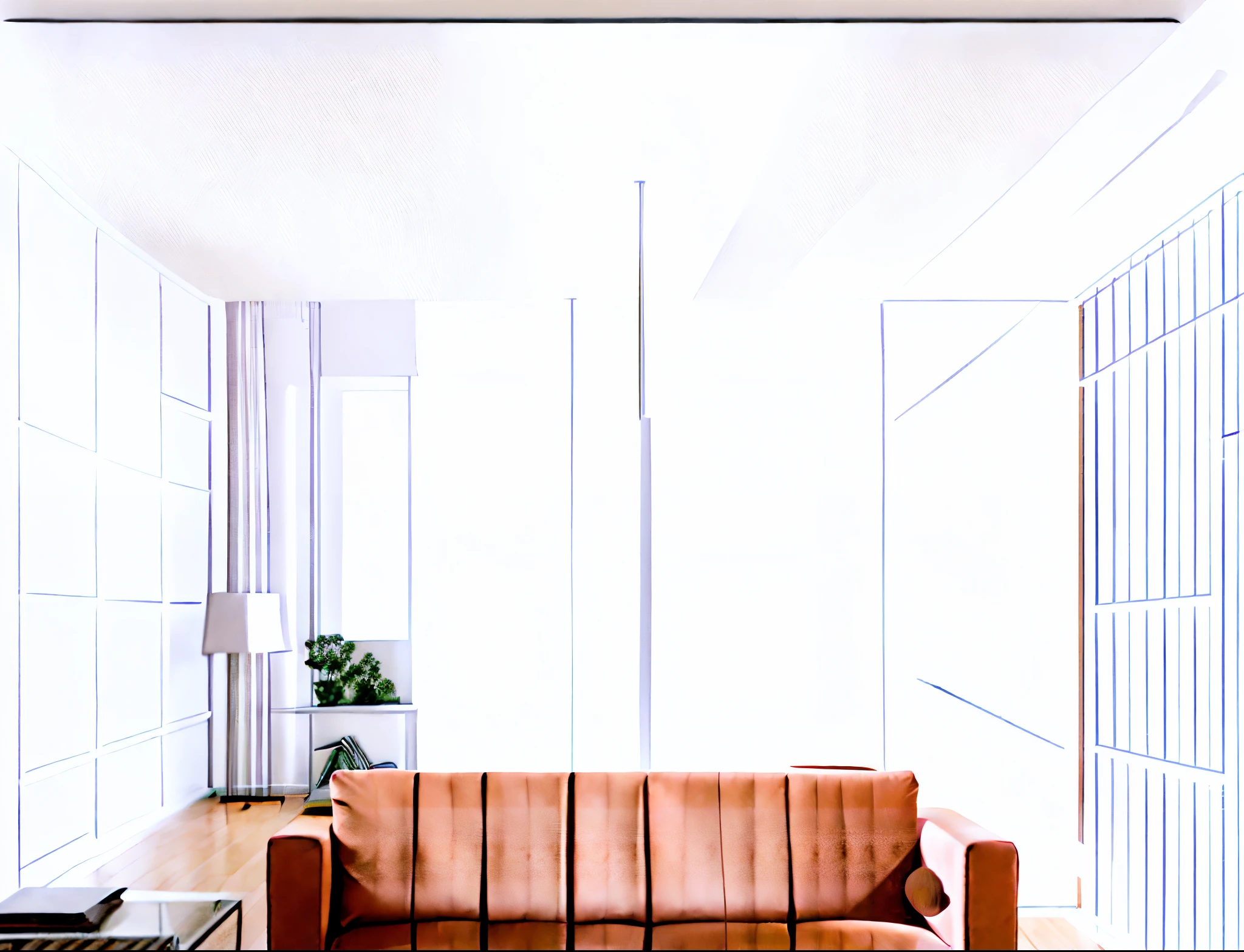 Living room with sofa, a chair, coffee table and television, Linear plot, interior design background, Interior of the living room, line art, Fundo sala de estar, line art illustration, Flat lines, interior living room, minimalist line art, detailed line drawing, isolated on white background, The interior of the room, clean linework