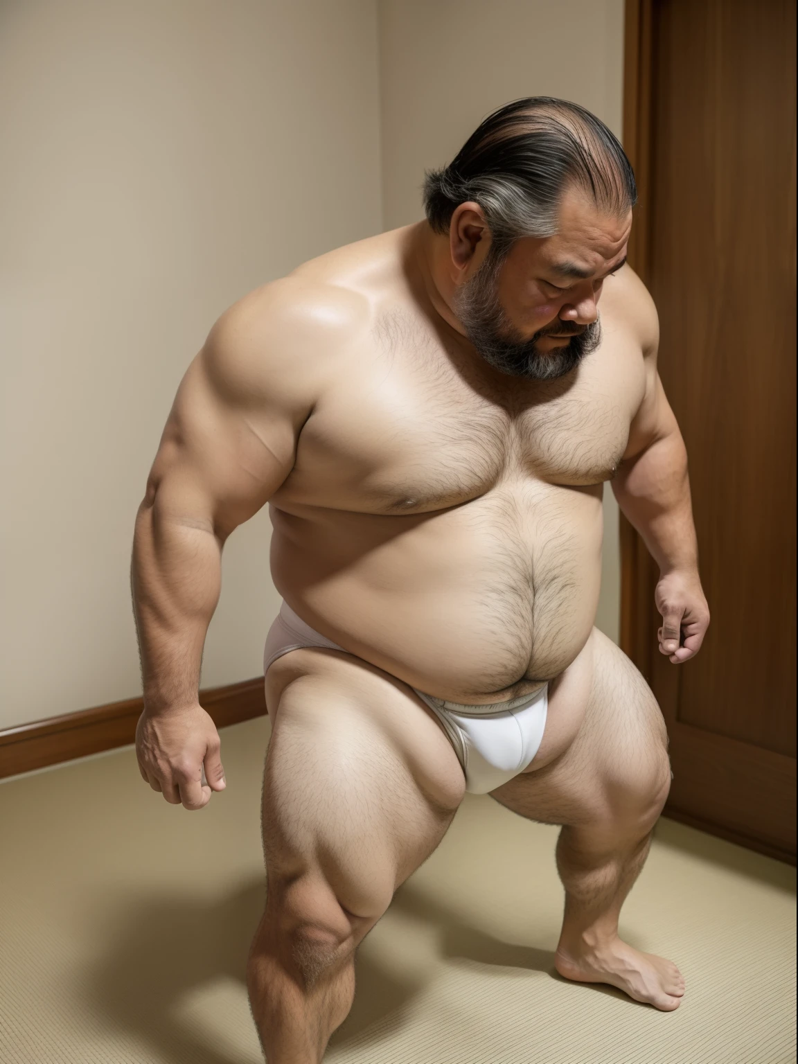 Middle-aged man in his 50s with thick Japan, 1man,  man, waddle, Standing with a shrug of shoulders, Keep your hands in front of you, Show both palms, Spread legs, Potty training, crewcut, Wearing a sumo white loincloth, white briefs, thong, toppless, Bare legs, Shy, tearful, sob, Bowleg, There is a puddle at his feet, Pastel colored rooms, Side view, a picture, high detail photo, masutepiece