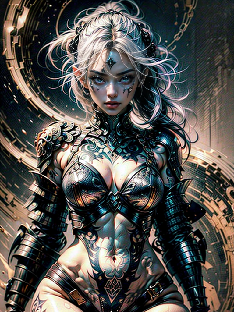 Warm color palette, Sexy woman in armor, legendary warrior , a beautiful , Sexual position, Erotic design , Erotic face,  lewd poses, There are white hairs in the pores, small tit, largeeyes, Sexy eyes, The whole body is covered with tattoos, Redlip, Sensual lips, sensual face, ,  lewd poses, Mature women with body hair