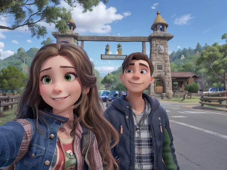 hay dos personas paradas frente a una puerta con un cartel, una mujer y un hombre, selfie, la mujer toma la foto, mujer ojos verdes, mujer cabello mono, mujer sonrisa hermosa, hombre mira con amor a una mujer, hombre cabello corto, hombre con poca barba, hombre naris pronunciada, hombre labios gruesos, con titulo hacienda napoles, frente a un fondo forestal, in front of an amazing forest, Foto de vacaciones, Cinematographer, en el bosque de la selva !!!, Selvas en el fondo, trees in background, Aparcar en el fondo, imagen frontal, con un parque al fondo, Bosque al fondo, pareja, chaquetas de motosiclistas, chaquetas negras.