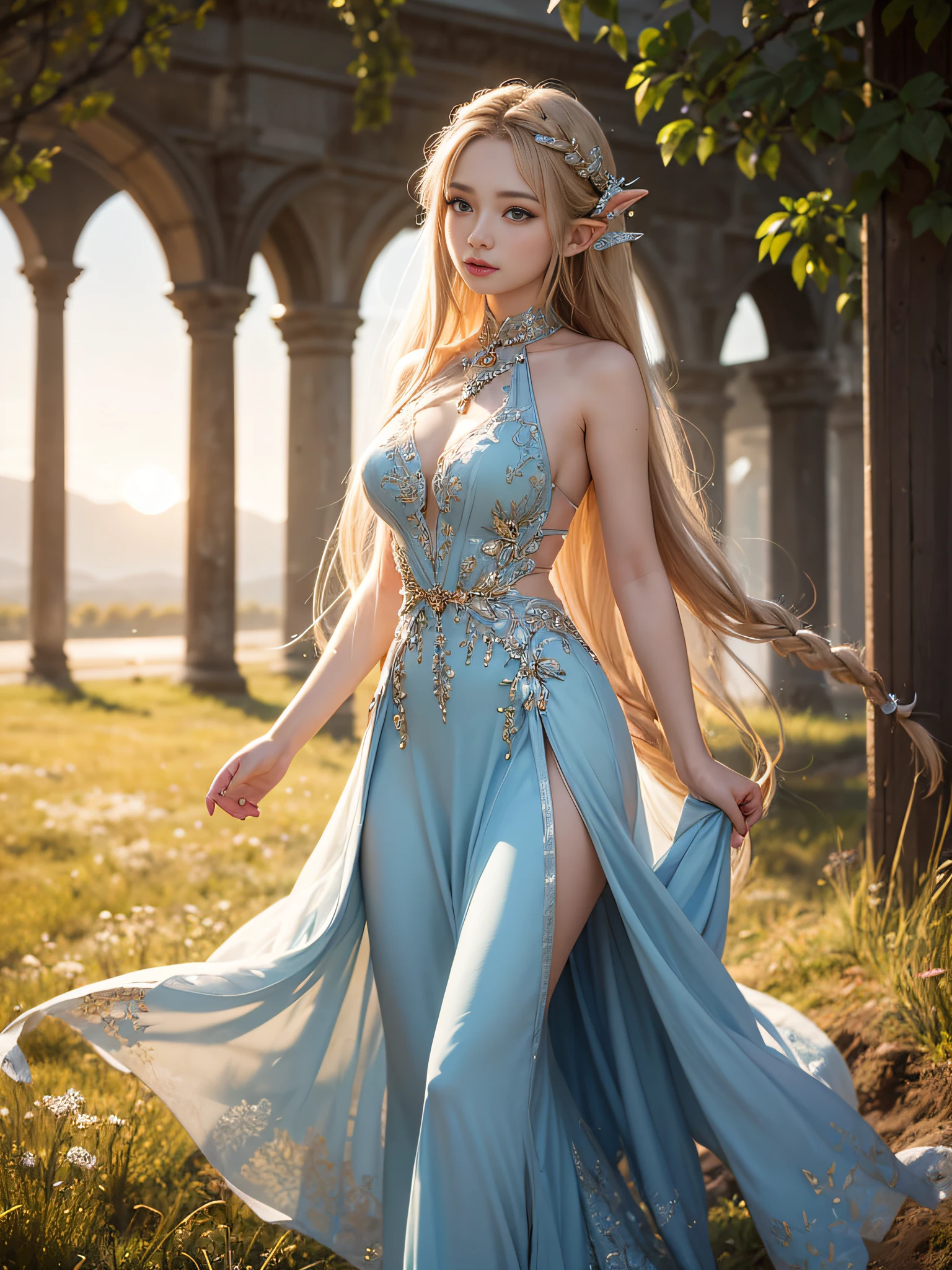 Graceful elven girl standing in meadow, Delicate face illuminated by the soft light of the setting sun. Her long, Flowing hair runs down your back, Decorated with intricate braids、Adorned with sparkling gemstones. This great photo is、、、It captures the ethereal beauty of elves. Slender figure in silk dress、Swaying in the soft steppe breeze. Attention to detail、Face that is、Face that is、Face that is、Face that is、It is evident in the intricate patterns of the dress and the subtle highlights of the luminescence. skin. The breathtaking portrayal of the elven girl is、、、、、Create an enchanting atmosphere、It invites the viewer to a magical world. transparent blonde hair,