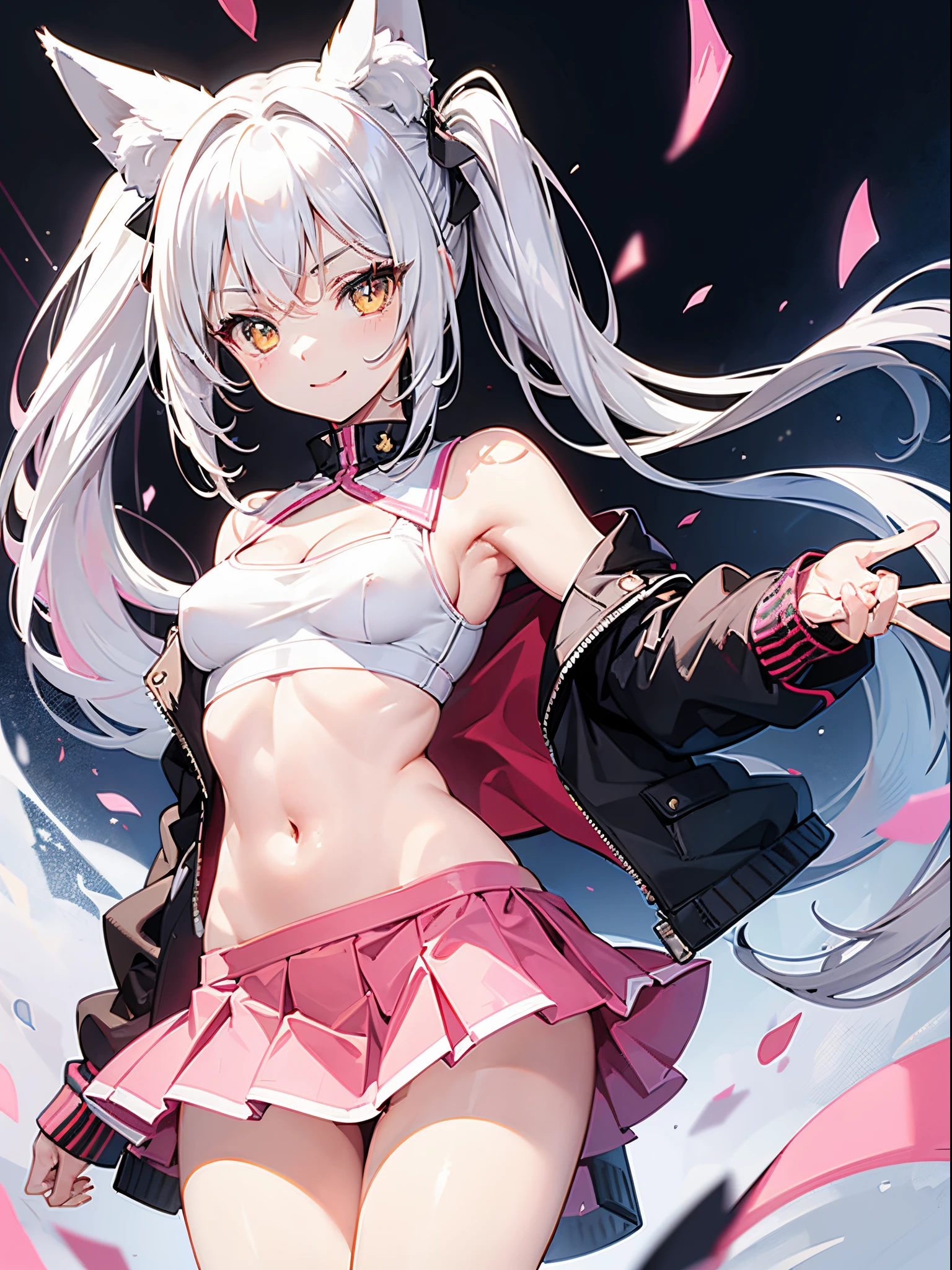 (masterpiece), best quality, expressive eyes, perfect face, white hair, yellow eyes, slit pupils, fox ears, mini skirt, midriff peek, tanktop, jacket, side ponytail, smile, loli, small breasts, , bare shoulders, navel, thigh gap, arms behind back, toned, sexy, cleavage, arms behind back, high quality, nsfw, seductive smile, pink skirt, school uniform,