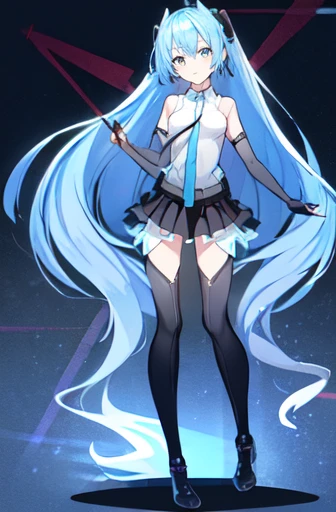 Black skirt,Light blue tie,Full body,Twin-tailed,lightblue hair,length hair