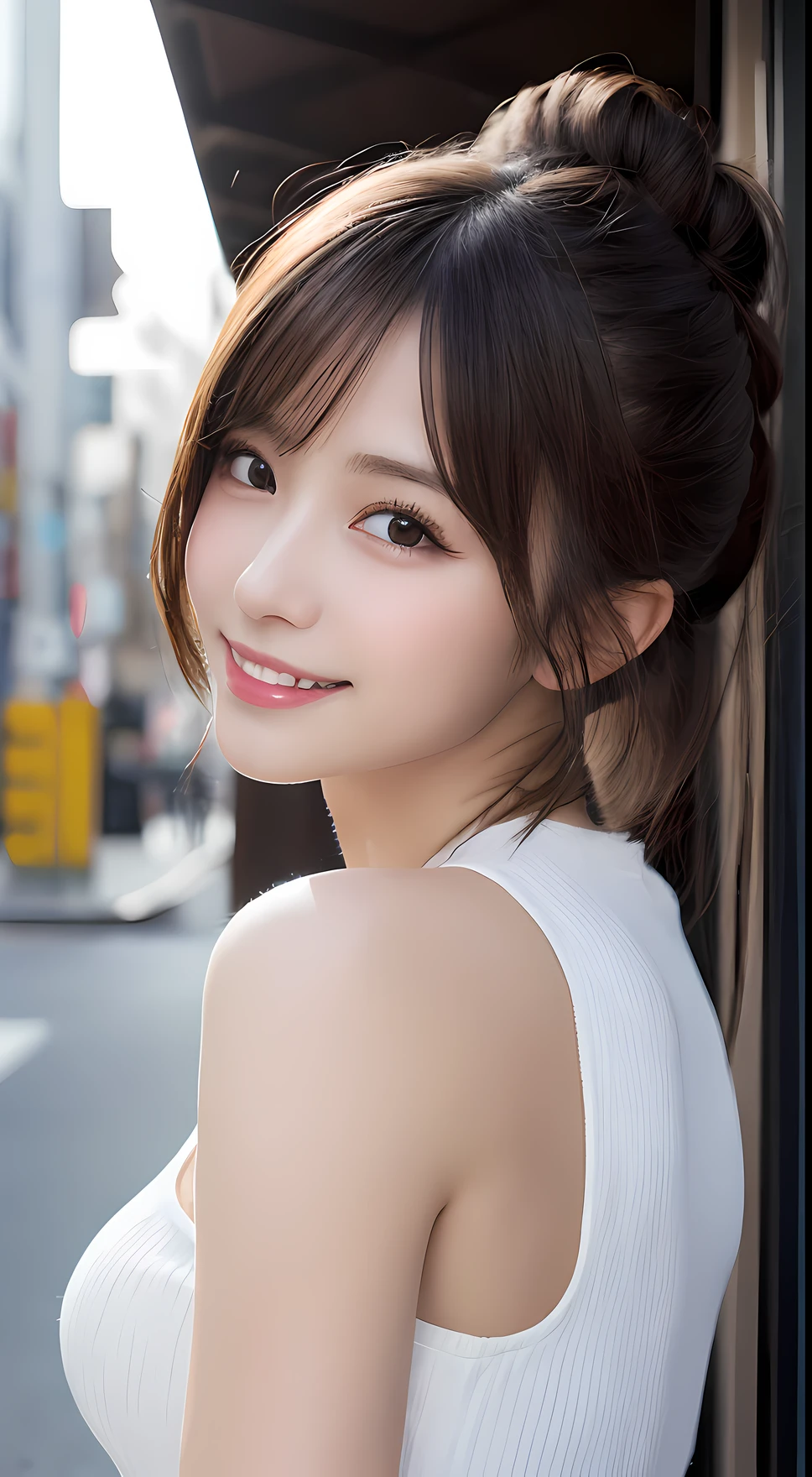masutepiece, Best Quality, Illustration, Ultra-detailed, finely detail, hight resolution, 8K Wallpaper, Perfect dynamic composition, Beautiful detailed eyes, Women's Fashion Winter,Bun hair,Small breasts natural color lip, Bold sexy poses,Smile,Harajuku、20 years girl、Cute、Sexy shot looking at camera,Raw photo