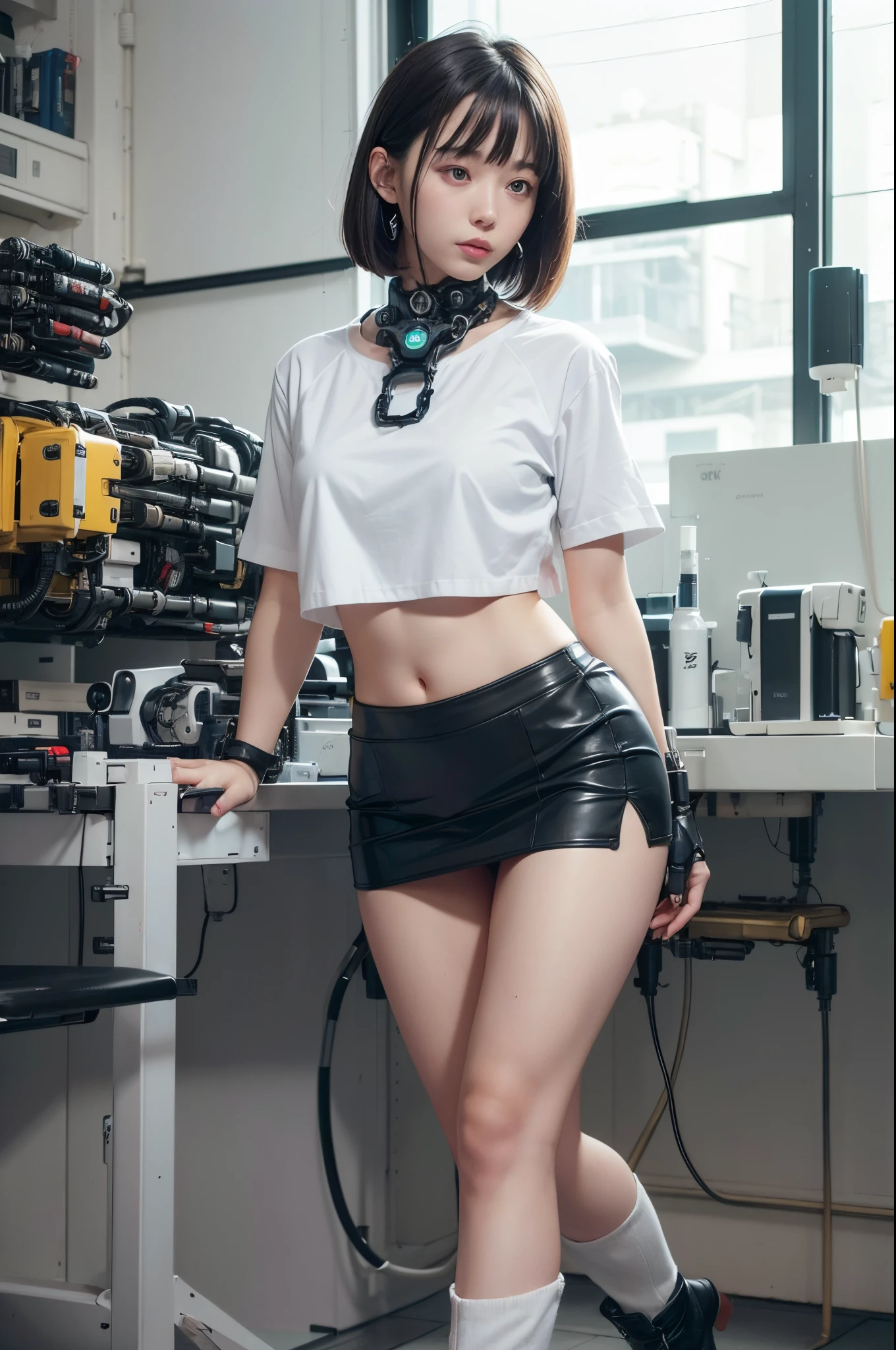 masutepiece, Best Quality, Extremely detailed, (Photorealistic:1.4), (Raw photo) (Raw photo) (8K, 4K, Best Quality, hight resolution, 超A high resolution:1.1), (masutepiece, Realistic, Photorealsitic:1.1), 1girl in, Japaese Cyborg Girl,Plump , announcer,control panels,android,Droid,Mechanical Hand, , Robot arms and legs, Black Robot Parts,Black hair,Mechanical body,Blunt bangs,White Robotics Parts,perfect robot woman,The laboratory of the future,cyberpunked,Charging spot,laboratory,Long Tube,A thick cable was connected to her neck.,ceramic body ,Mechanical body, Ear Antenna,mechanical ear covers,android,robot humanoid,Short hair,Miniskirt,loose boots,whiteshirt,Miniskirt,