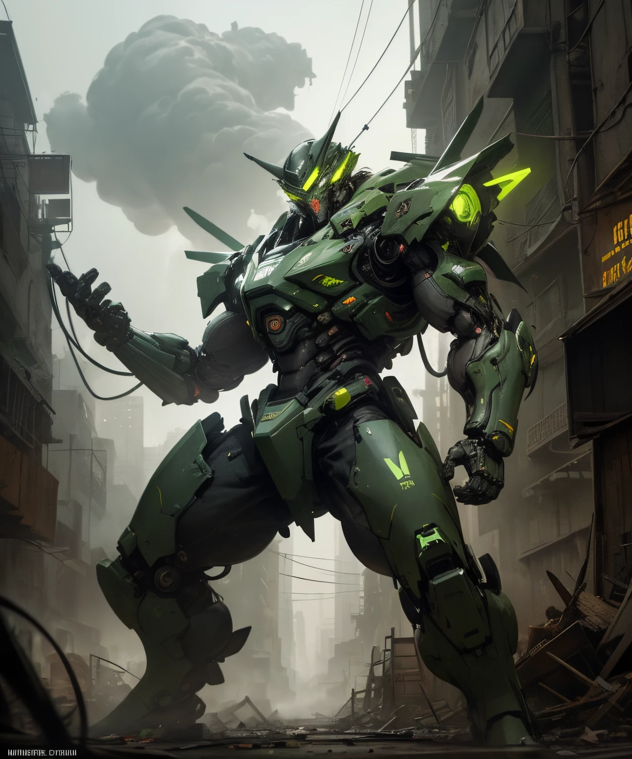 (green and yellow),bright colors,dystopian city with slums in the background,tall buildings and neon lights,mechanical and futuristic,dense and chaotic,smoke and steam rising from the ground,filled with polluted air.
Robot samurai, is a humanoid robot, with a samurai-like appearance,strong and muscular body, shiny armor made of metal,green and yellow theme colors,sharp katana blade at the waist,strong and determined facial expression,detailed and glowing green eyes,powerful and precise movements.
Size of a standard human being,approximately 6 feet tall,walking with confidence and precision,holding katana with both hands,ready for battle,looking directly at the camera,communicating determination and focus.
The background is a dystopian city, with slums in the background,old and rundown buildings,debris and garbage scattered on the streets,cracks on the ground,aesthetic decay and neglect,overcast sky,dark and gloomy atmosphere.
The scene is filled with bright colors, contrasting with the dark city,neon lights illuminating the streets,glowing signs and advertisements everywhere,creating a vibrant and lively environment.
Overall, the image should have a sense of futuristic and mechanical elements,combined with the grittiness of a dystopian city,conveying the determination and strength of the robot samurai. The green and yellow color theme should be prominent,adding a unique and eye-catching visual element to the image.