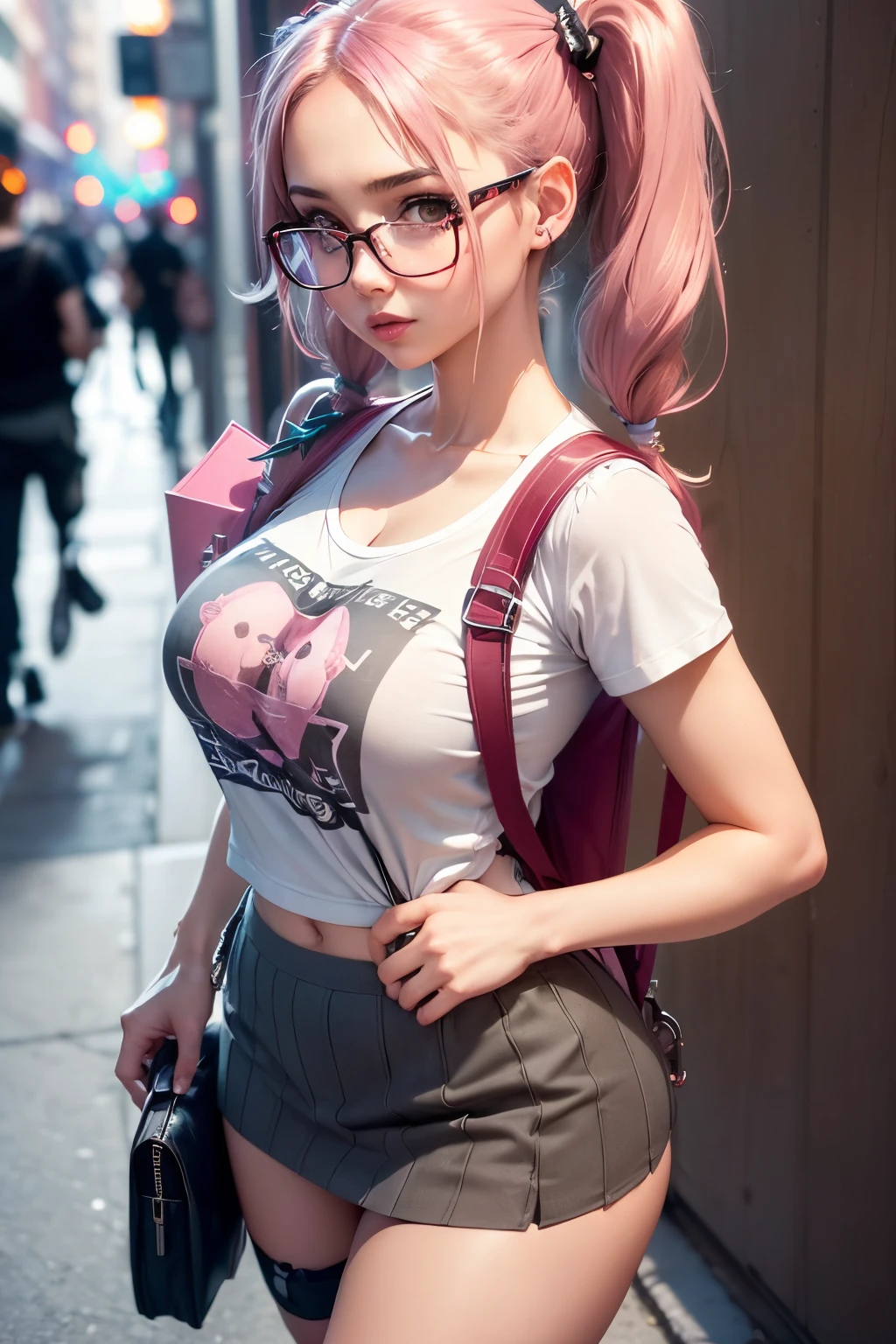 masterpiece,best quality,HDR,high-definition,Intricate Details,vray render, octane render,1girl, curvy, night, neon lights, graffiti, maximalism, wildside, sci fi, cyberpunk, rim lighting, underboob, <lora:upshirt:0.6>, Brandon Woelfel, Lisa Frank, <lora:epi_noiseoffset2:1>