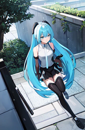 Black skirt,Light blue tie,Full body,Twin-tailed,lightblue hair,length hair