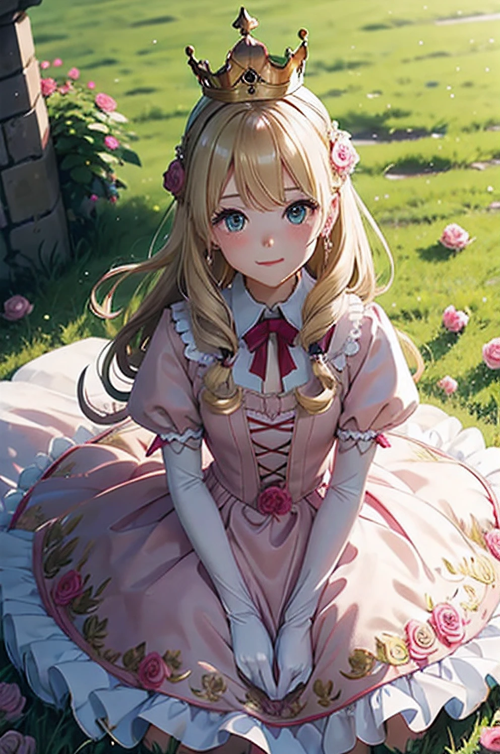 girl princess、blonde roll hair、In front of a European castle、depth of fields、small crown、medieval pink dress、Brown gloves、grass field、Laugh merrily.、Facing the front、There are large rose hair clips on the left and right sides of the head.。.。.。.、Green eyes、Kick Pose