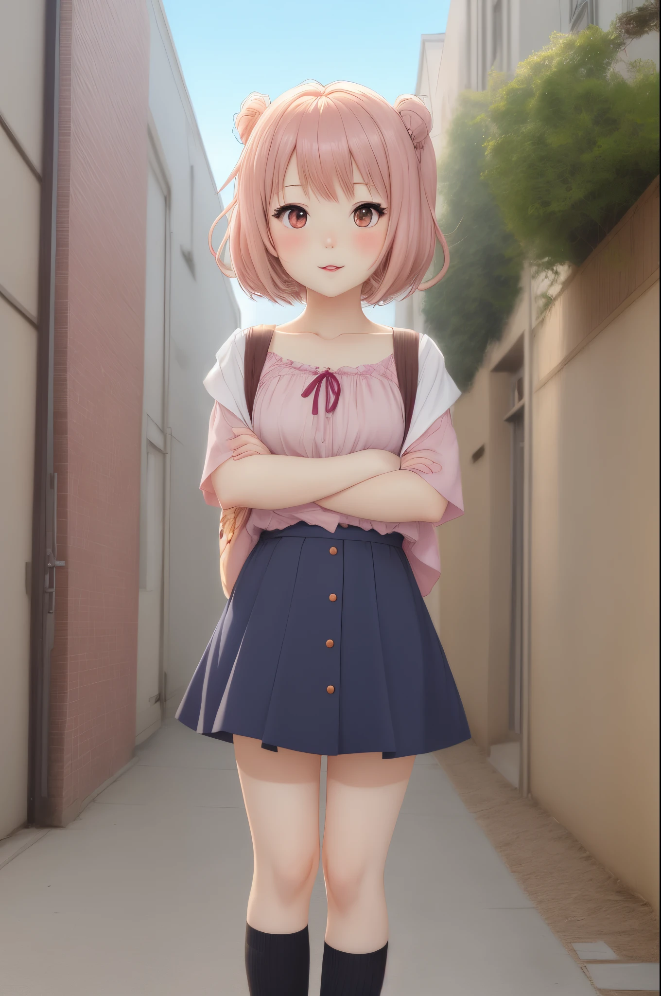 street, lifted by self, (showing panties:1.2), motion lines, crowded, pov, looking at viewer, frilled shirt collar, pleated skirt, black ribbon, hair ribbon, pink shirt,