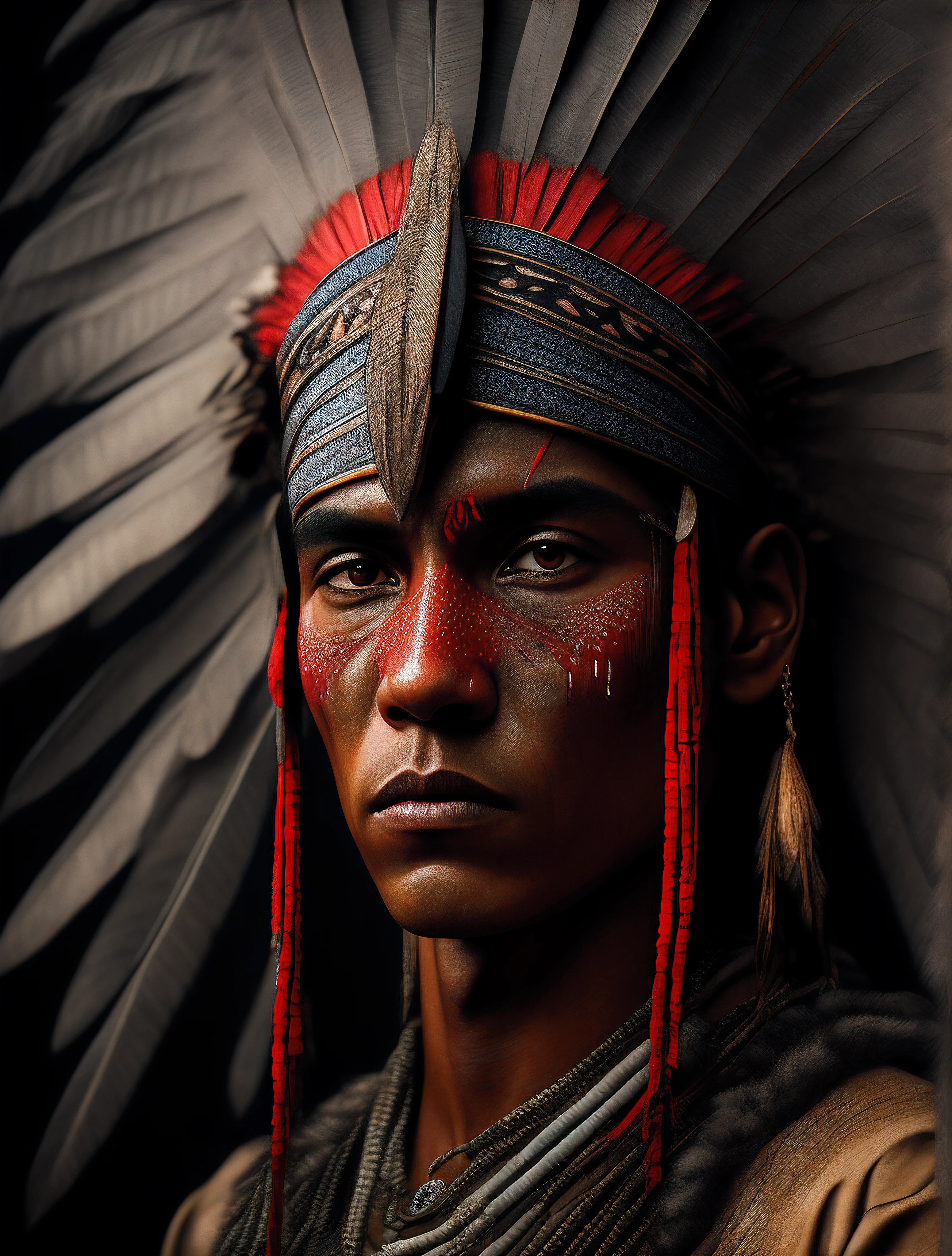 Hyperrealistic cinematic image of a native Indian with feathers on his head, Arte nativa brasileira, tipo selfie, frontal, Indian warrior, Nativo brasileiro, Guerreiro nativo brasileiro, Arte nativa, Um guerreiro nativo brasileiro, indigenous man, eagle feather, Guerreiro habilidoso,cores vermelho,warrior spirit, BRAZILIAN INDIGENOUS HEADDRESS, indigenous art, : Fantasia de nativo brasileiro, Indigenous, Native Brazilian folk art, Fotografia de arte indianarrealista, fotografia, obra-prima, realista, Realismo, renderizado, Alto contraste, digital art photographyrealistic trend in Artstation 8k HD high definition detailed realistic, detalhada, textura da pele, hiper detalhada, textura de pele realista, melhor qualidade, ultra high-resolution, (fotografiarrealista: 1.4), alta resolução, detalhada, Calado bruto, sharp re, por lee jeffries Nikon D850 Filme Fotografia de Stock 4 Kodak Portra 400 Lente F1.6 Rich Colors, Realistic Texture, Dramatic Texture, Dramatic Lighting, Unrealengine