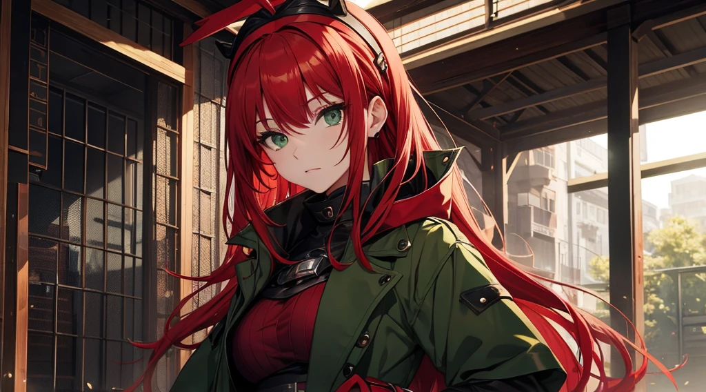 Red hair, green eyes, konoha headband, black coat, fishnet shirt, red skirt, best quality, master piece,