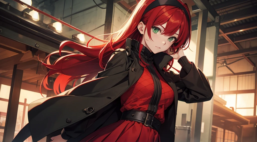 Red hair, green eyes, konoha headband, black coat, fishnet shirt, red skirt, best quality, master piece,