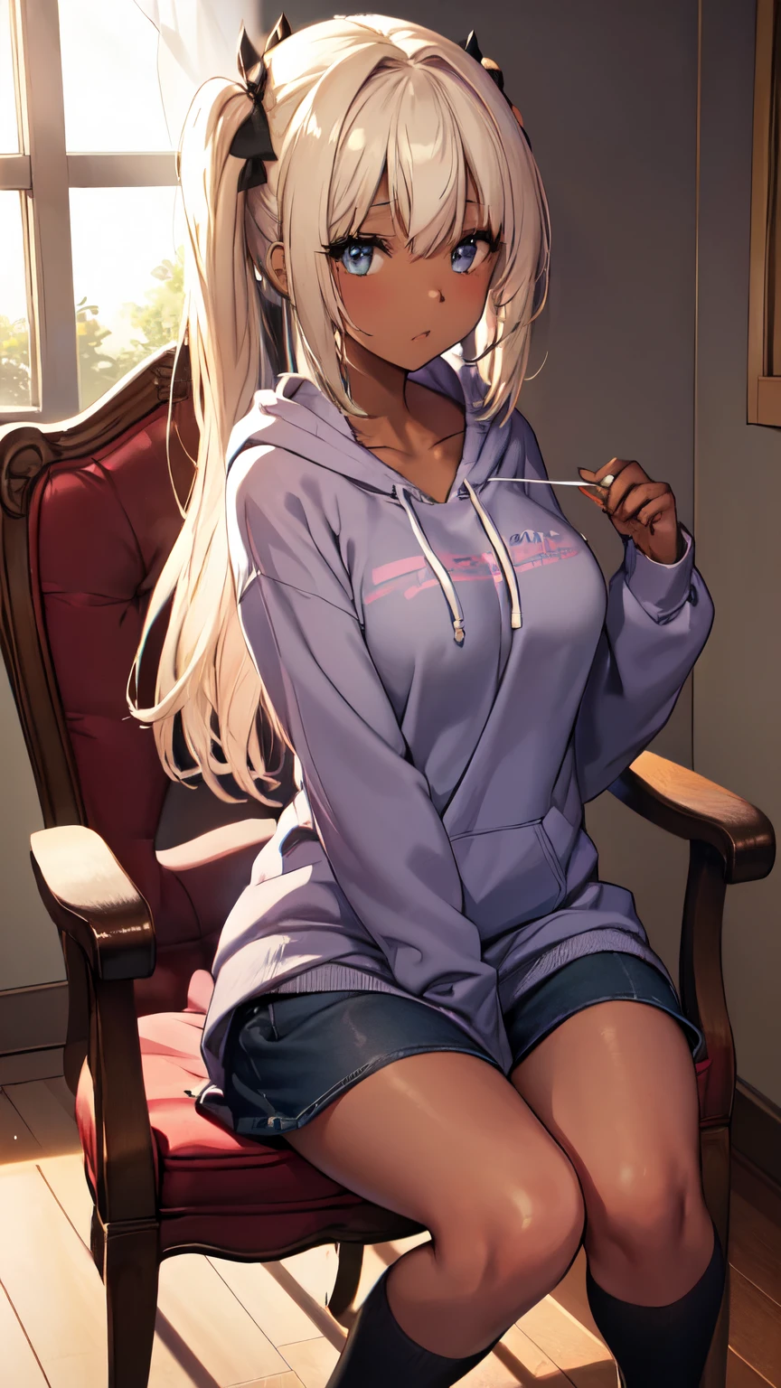 Denim miniskirt、The chest is wide open.、pink Fleece-Lined Hoodie Dress, A hoodie dress in a cozy fleece fabric for both comfort and style, Choose a muted tone like heather
gray or forest green,
Pair with knit tights and combat
boots for a cute and warm
ensemble,
Black Gal、(dark-skinned:1.3)、(8k, RAW photo, best quality, masterpiece:1.2), (extremely detailed 8k wallpaper),illustration、professional lighting,sharp focus, depth of field、
nsfw、clear eyes、perfect anatomia、huge tit、a blond、ars、(makeup:1.2)、In a well-lit room、Plump thighs、(Loose socks below the knee:1.2)、poneyTail、hairaccessories、Rim light、sit a chair、(white panty:1.2)