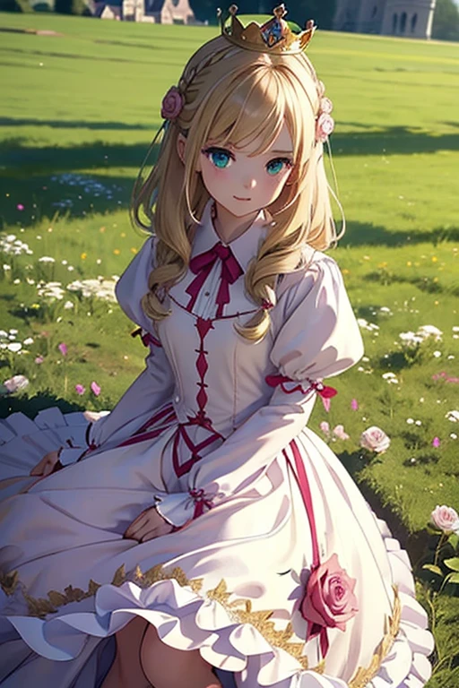 girl princess、blonde roll hair、In front of a European castle、depth of fields、small crown、medieval pink dress、Brown gloves、grass field、Laugh merrily.、Facing the front、There are large rose hair clips on the left and right sides of the head..、Green eyes、Kick Pose、Composition seen from below