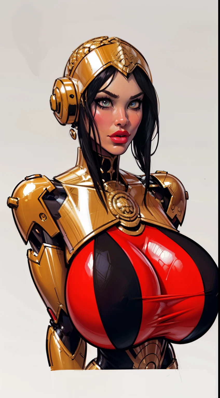 ((masterpiece)),(((best quality))),((character design sheet)), ((full body view)) ((cyberpunk empress)) mature face, ((middle eastern eyes:1.4)), ((cybernetic gown)), (((intricate futuristic breastplate))), defined cheekbones, high cheekbones, illustration, muscular, ((cyber gold:1.4)), sexy bimbo, (gigantic breasts:1.7) black hair, ((detailed face:1.4)) beautiful woman, (Chinese:1.4) (white skin:1.4) , (red lipstick:1.4), shiny skin, scribbles and marks,(puffy lips:1.4) , rough sketches, pose, 8k,16k, (simple background, white background: 1.3) ((warm color palette)), ((cyberpunk aesthetic))
