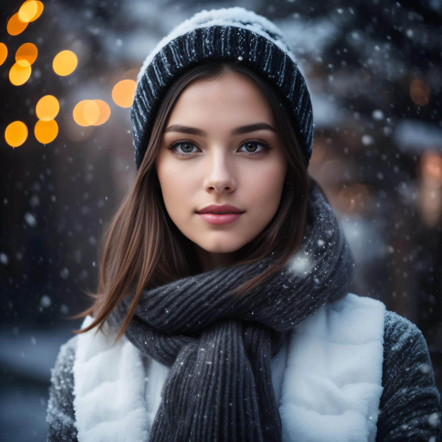Professional full-length photography, (4K Photo:1.1), (Clear focus:1.3), high detail, muscular beautiful girl:1.2, Perfect anatomy, Perfect symmetry:1.2, Realistic, Realistic face:1.2, Perfect face, content, confident, cozy winter atmosphere, soft snowflakes gently falling, warm magic lights illuminating the stage, (winter outfit dark), (Alluring look) .High detail, Cinematic lighting, Stage lighting, Soft lightngles a